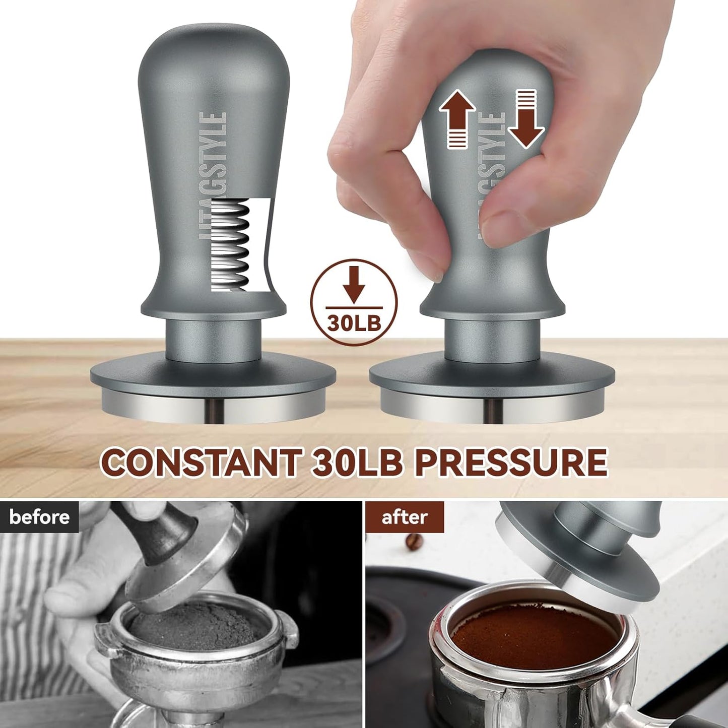 58.5mm Espresso Tamper Spring-loaded Coffee Tamper Espresso Hand Tamper with Stainless Steel Flat Base & Aluminum Handle Barista Ergonomic Tamper Espresso Accessories for 58mm Portafilter Basket