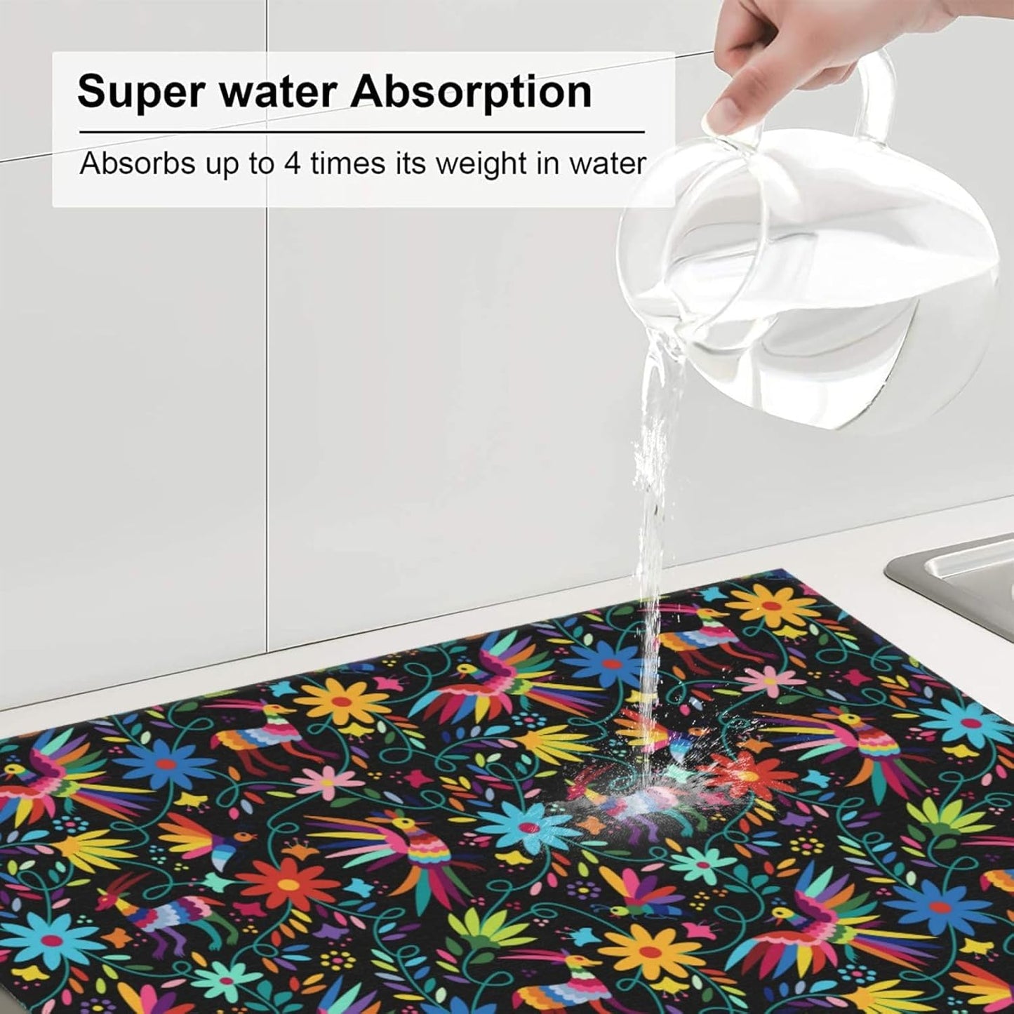 Mexican Folk Art Otomi Dish Drying Mats for Kitchen Counter, Absorbent Microfiber Washable Drying Pad, Decorative Cute Kitchen Mat for Sink & Dining Area, Gifts for Christmas, Home Decor, 16x18 inch