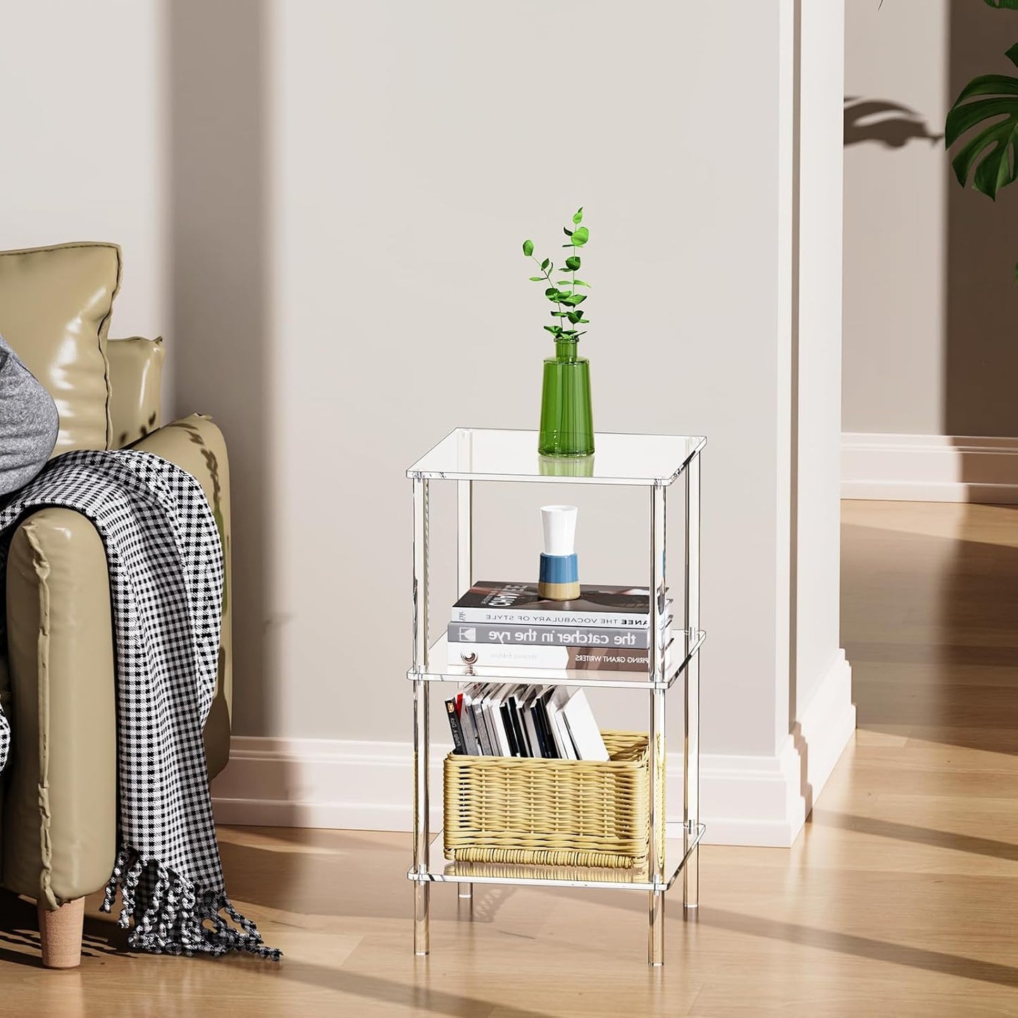 Acrylic Side Table Clear 3-Tier End Table for Living Room, Office, Hallway, Bedroom Small Bedside Table (8mm 13.1'' Wide)