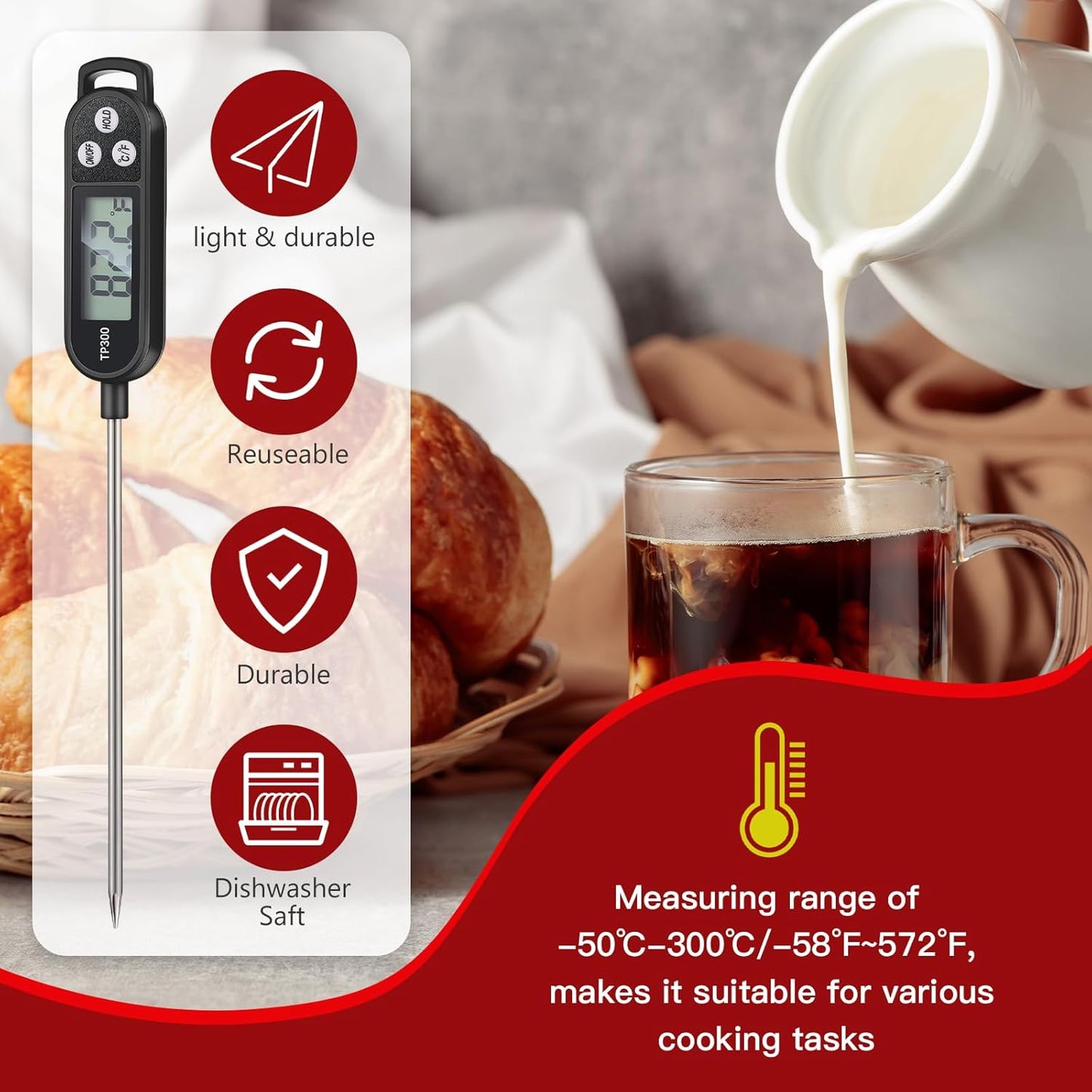 6 Pcs Meat Food Thermometer Food with Probe Water Liquid Instant Read Digital Thermometer Kitchen Cooking Supplies for Cooking BBQ Milk Yogurt (Black,White,Red)