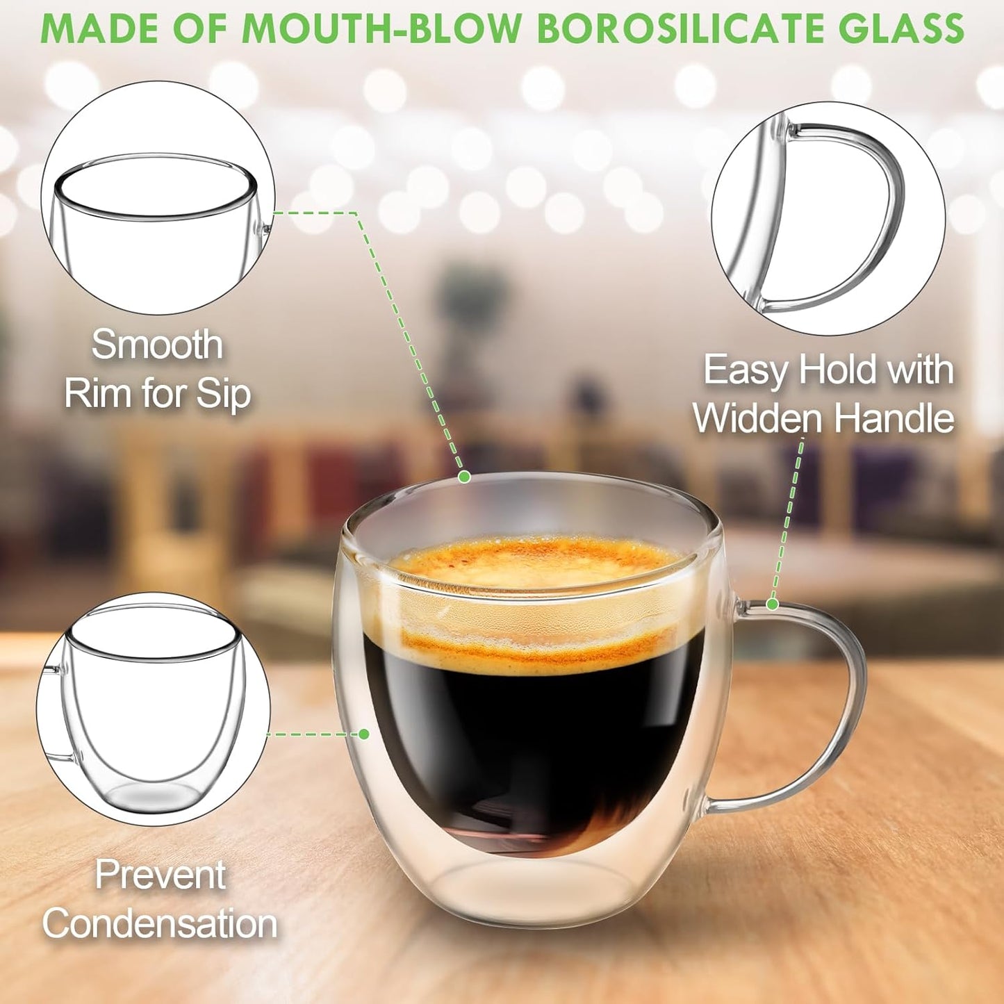 Glass Coffee Cups Set of 2, 8.5oz Double Walled Glass Mugs with Handles, Clear Insulated Coffee Mug Espresso Cups, Cappuccino Latte Tea Cups Set, Heat Resistant Borosilicate Clear Glasses