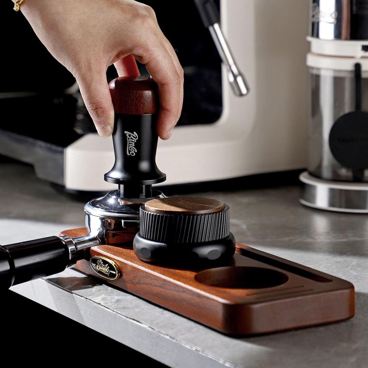 Bincoo 58mm Espresso Tamping Station - Sapele Coffee Bar Organizer with Non-Slip Mat, Multi-Slot Design for Counter, Holds Tamper,Distributor, Basket Holder