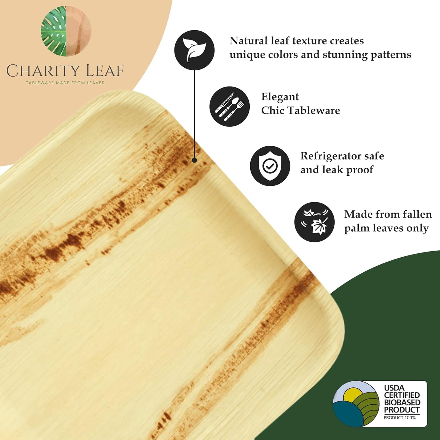 Charity Leaf Disposable Palm Leaf 6" Square Bowl (50 pcs) Dipping Bowls | Bamboo Like| All Natural and Biodegradable | Charcuterie Boards, BBQs, and Parties