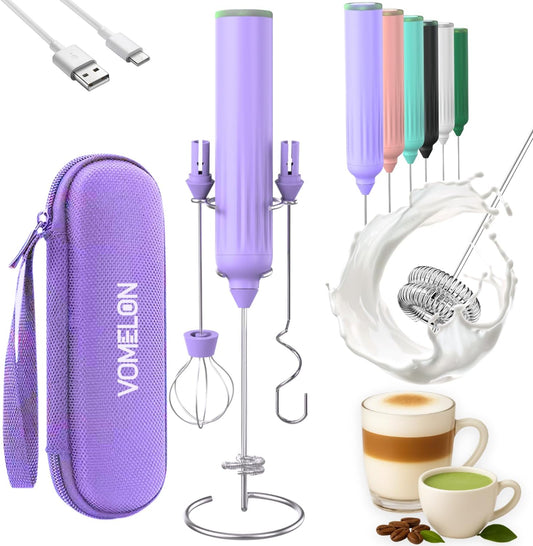 Milk Frother Handheld with 3 Stainless Steel Whisks, Rechargeable Electric Drink Mixer with Stand & Travel Case, Milk Foamer for Coffee, Latte, Cappuccino, Hot Chocolate, Egg,Jam Supplement-Purple
