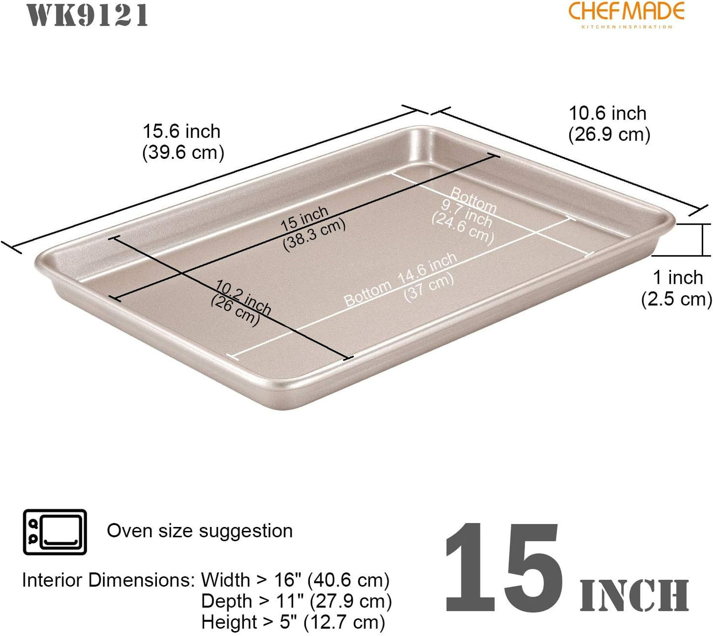 CHEFMADE 15-Inch Baking Sheet Pan, Non-Stick Carbon Steel Rimmed Cookie Sheet Pan for Oven Roasting Meat Bread Jelly Roll Battenberg Pizzas Pastries 10.6" x 15.6" x 1" (Champagne Gold)