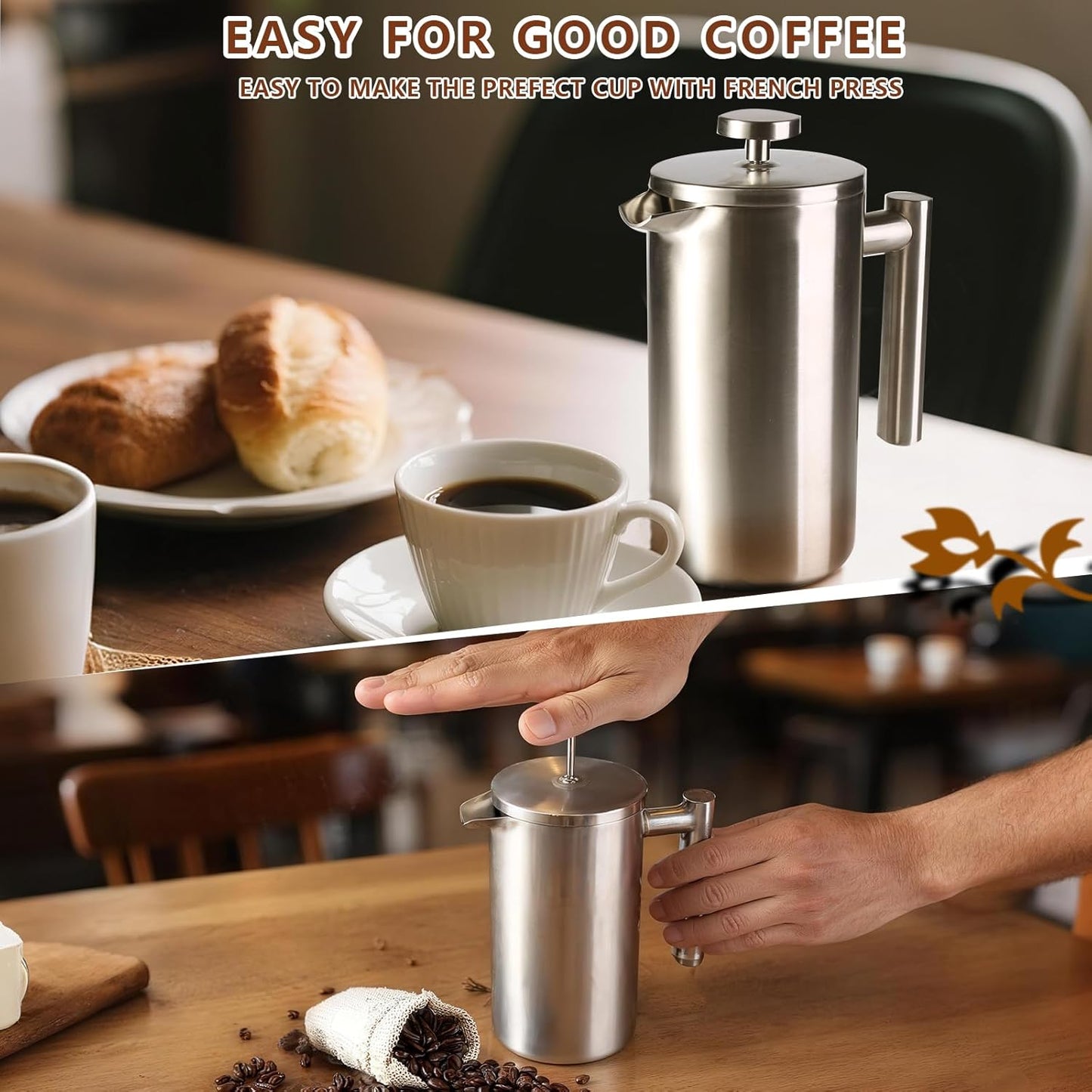 French Press 34 oz, Full Stainless Steel French Press Coffee Maker 4 Cups, Upgrated Double-Walled Insulated French Coffee Presses, Food Grade Good for Kitchen Camping, Dishwasher Safe 2 More Filters