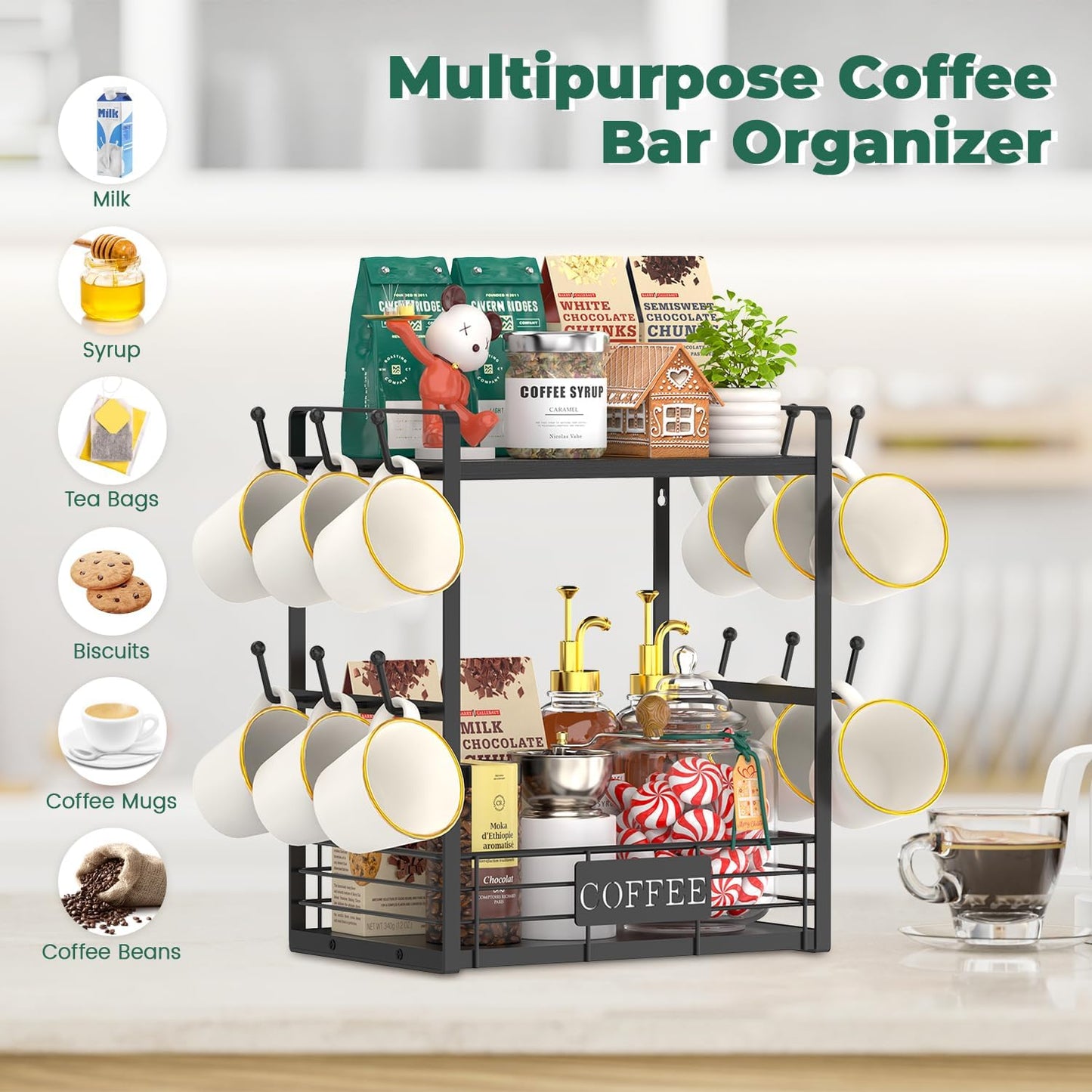 EsLuker.ly Coffee Mug Cup Holder Stand Bar Station Organizer for Countertop, Multi-Functional 2 Tier Mug Tree Rack for Kitchen, Storage Shelf with 12 Hooks, Black(Patented Design)