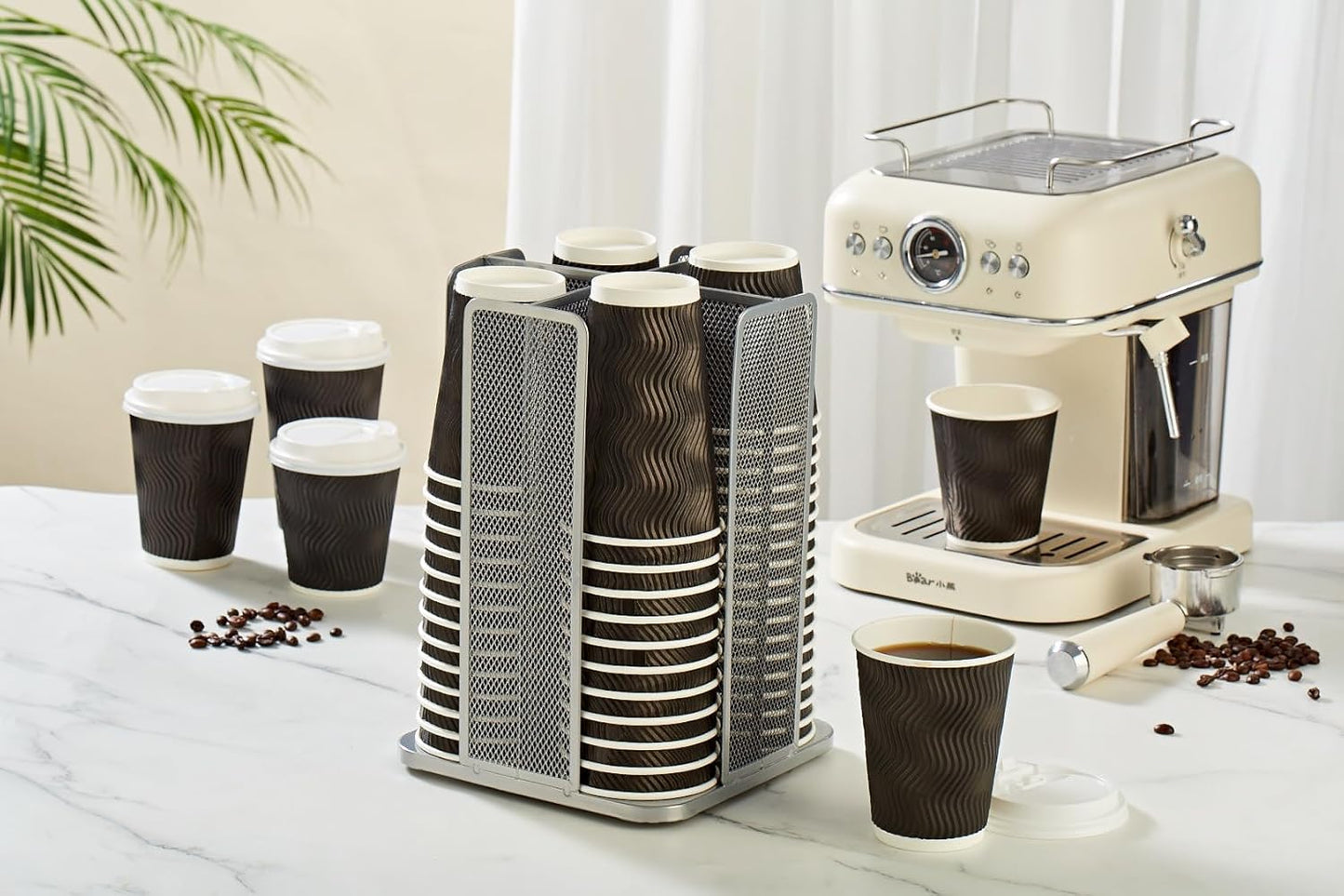 Annova Paper/Plastic Cup and Lid Holder Plastic Storage Organizer, 360°Rotating Coffee Mup Dispenser with 4 Compartments, Multifunctional Storage Rack for Home, Office, Bar, Coffee Shop (Silver)