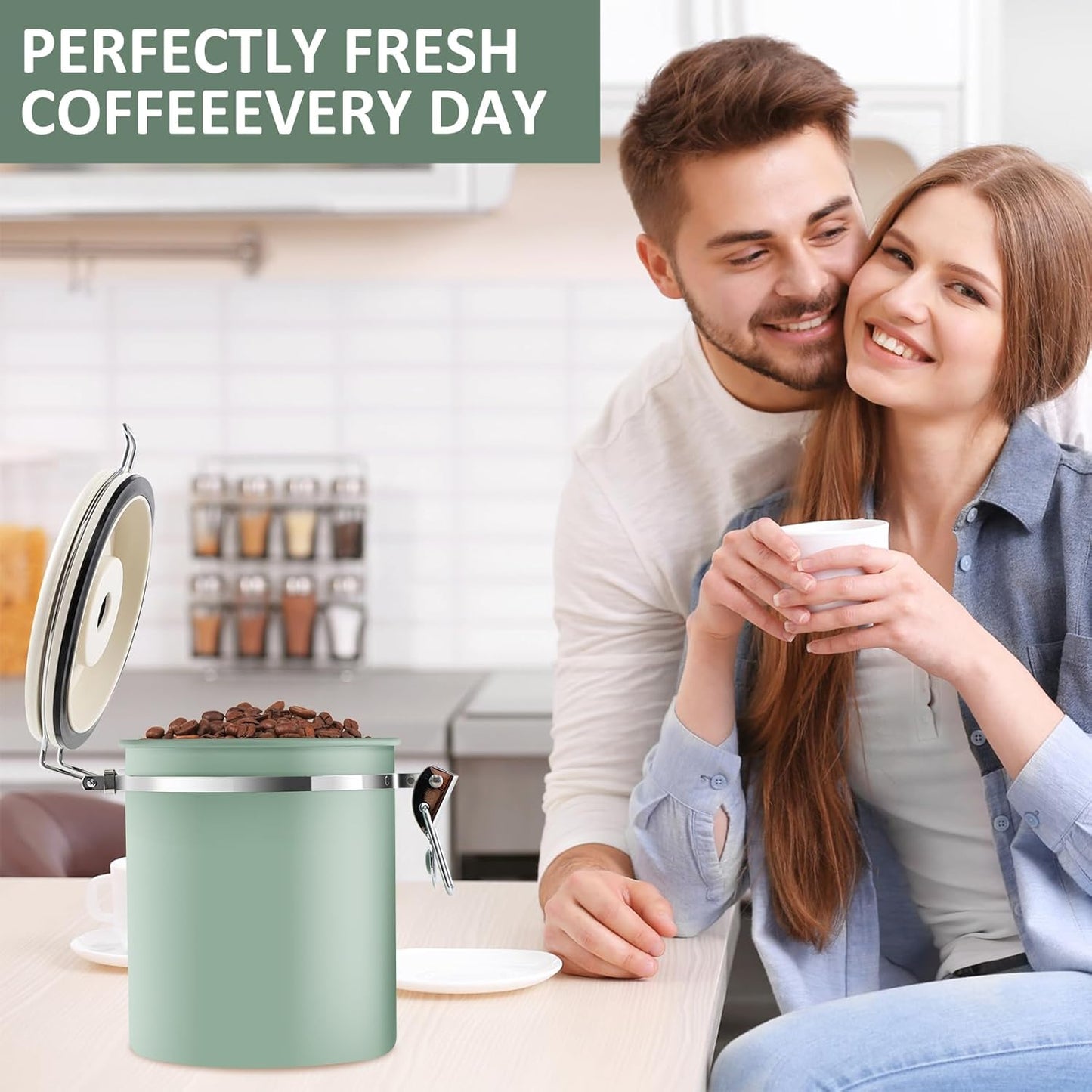 3Pcs Coffee Storage Canister 1.5L Double Airtight Coffee Beans Container with Date Locator 304 Stainless Steel Kitchen Food Storage Container with Spoon for Coffee Beans Grounds Tea,Green Sugar,Green