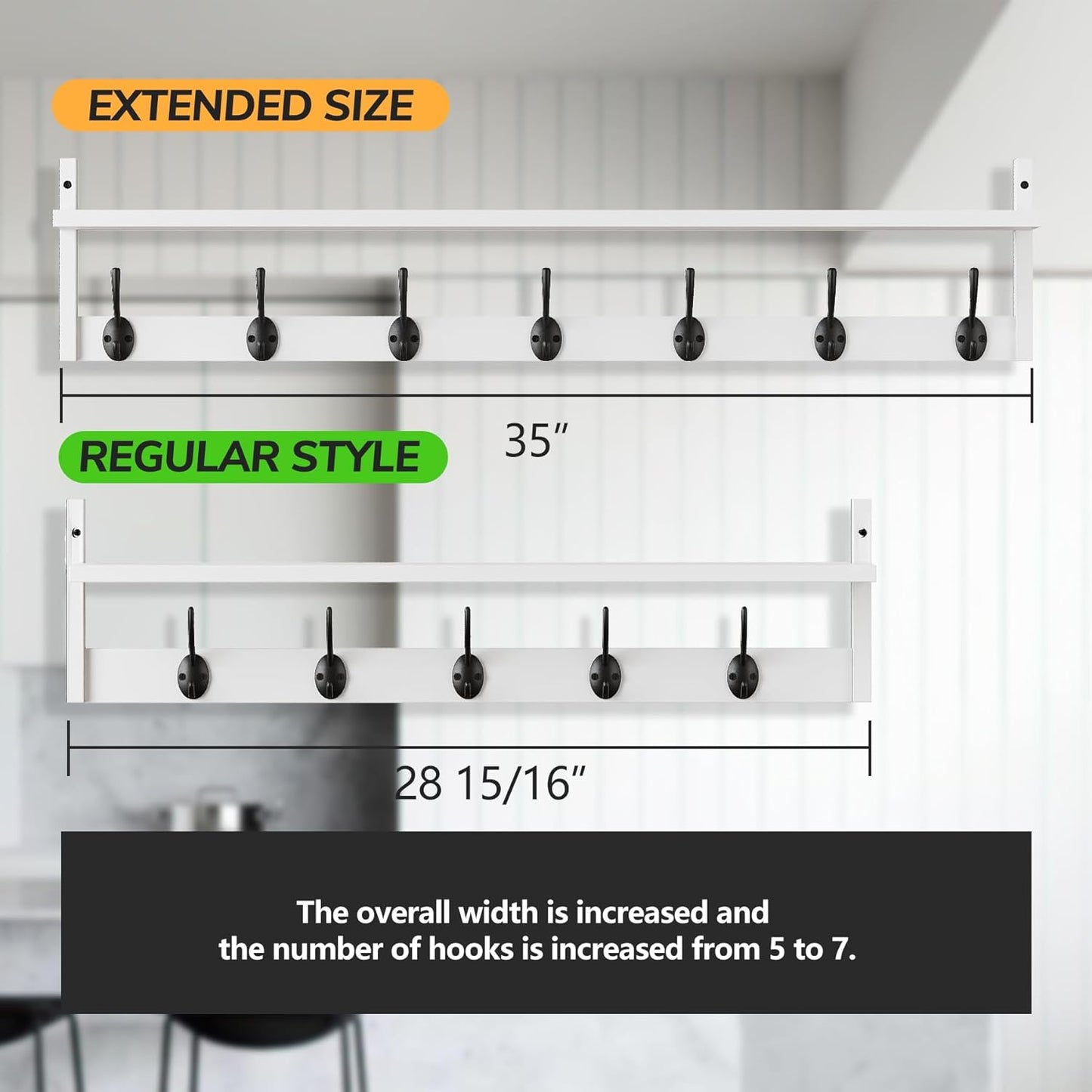 BAMEOS 35" L Wall Hooks with Shelf, Entryway Coat Hooks for Wall with Shelf, Wood Wall Hanging Shelf, Wall-Mounted Coat Rack with 7 Dual Metal Hooks for Bathroom, Kitchen, Living Room, Bedroom (White)