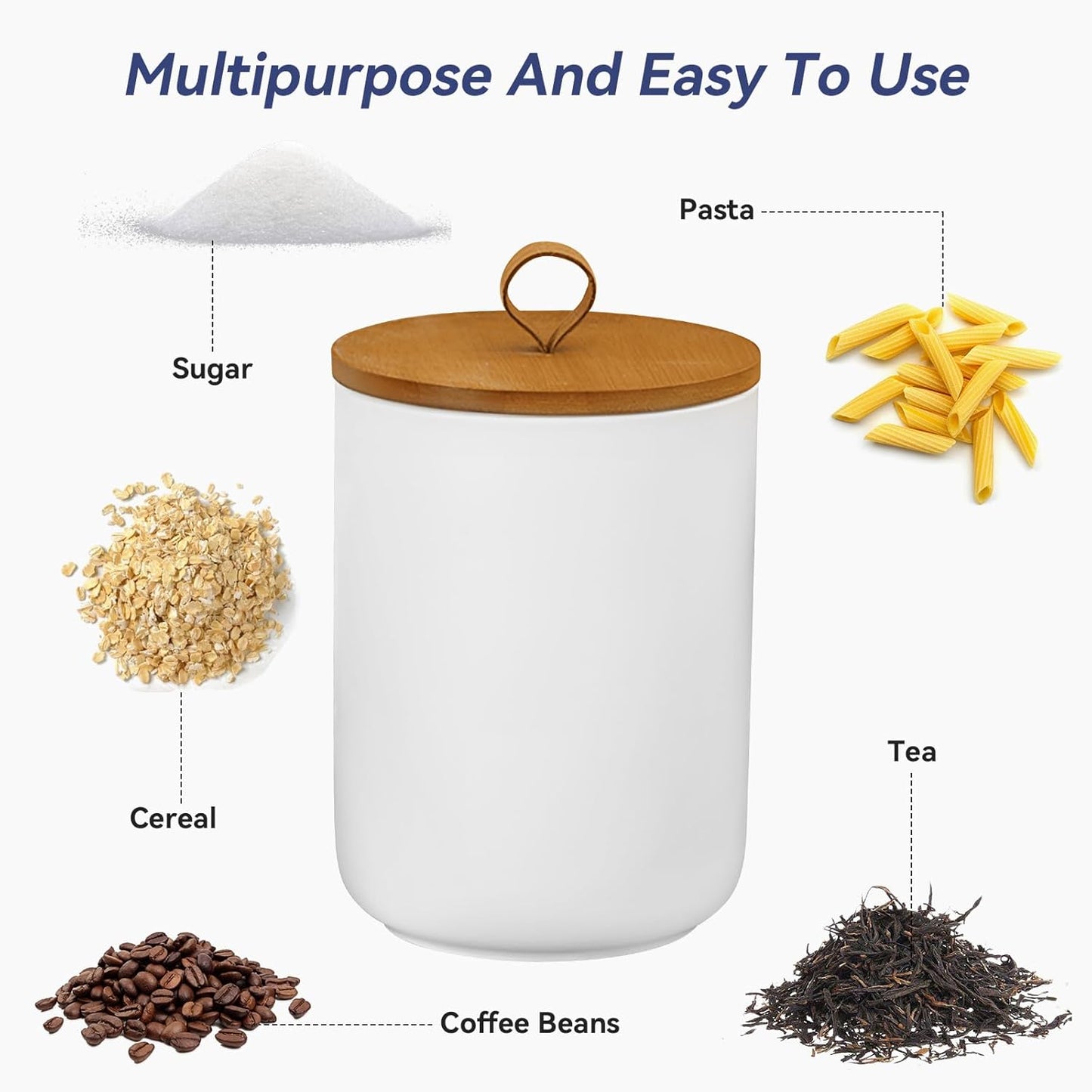 Ceramic Storage Jars, Modern Elegant Highly Polished Airtight Gorgeous Storage Canisters with Wooden Lid Small Food Stroage Jar for Kitchen Spice Tea Vanilla Sugar Coffee Beans (White medium)