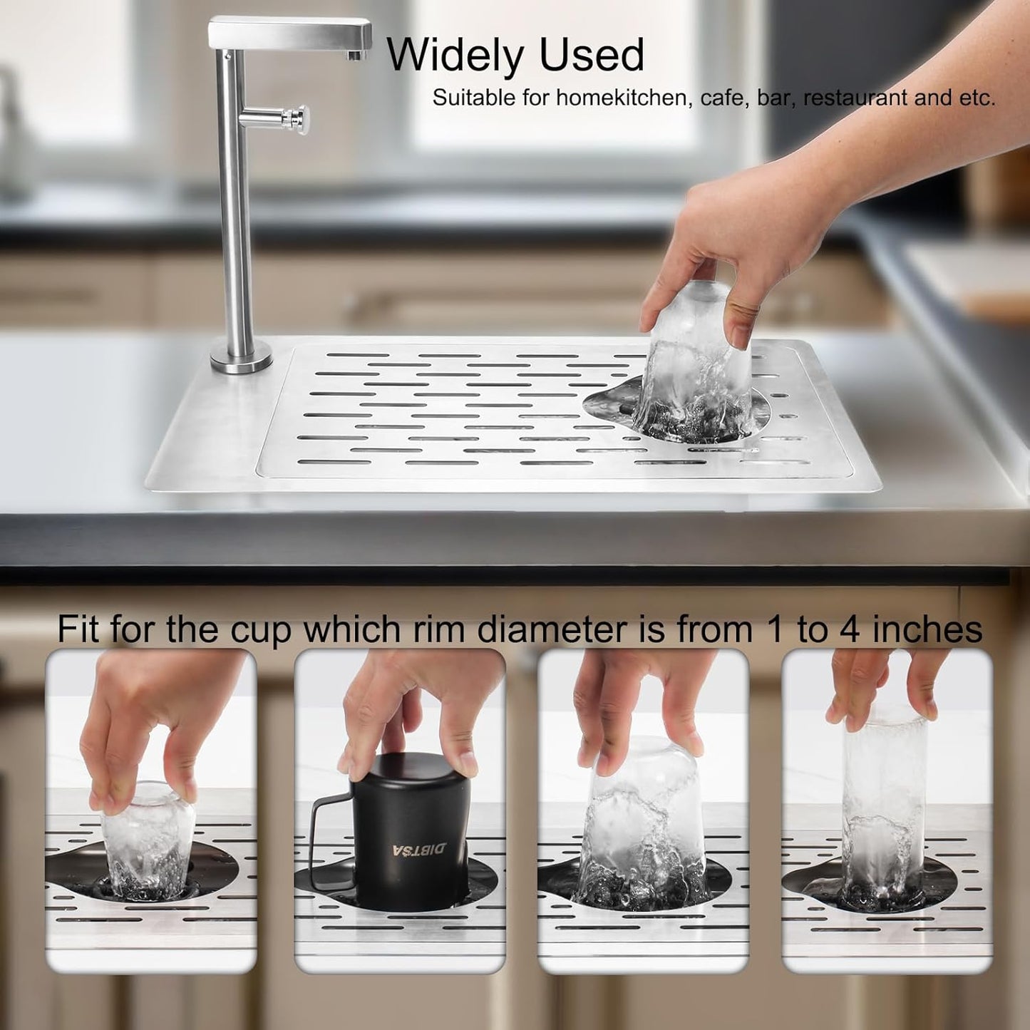 DIBTSA Pitcher Rinser, Stainless Steel Countertop Glass Rinser Cup Washer Sink with Side Spray,Drip Tray for Home Cafe Restaurant