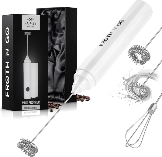 Zulay Kitchen FrothMate Powerful Milk Frother Portable & Compact Handheld Foam Maker Lattes, Cappuccinos (Blizzard White, Froth N Go)