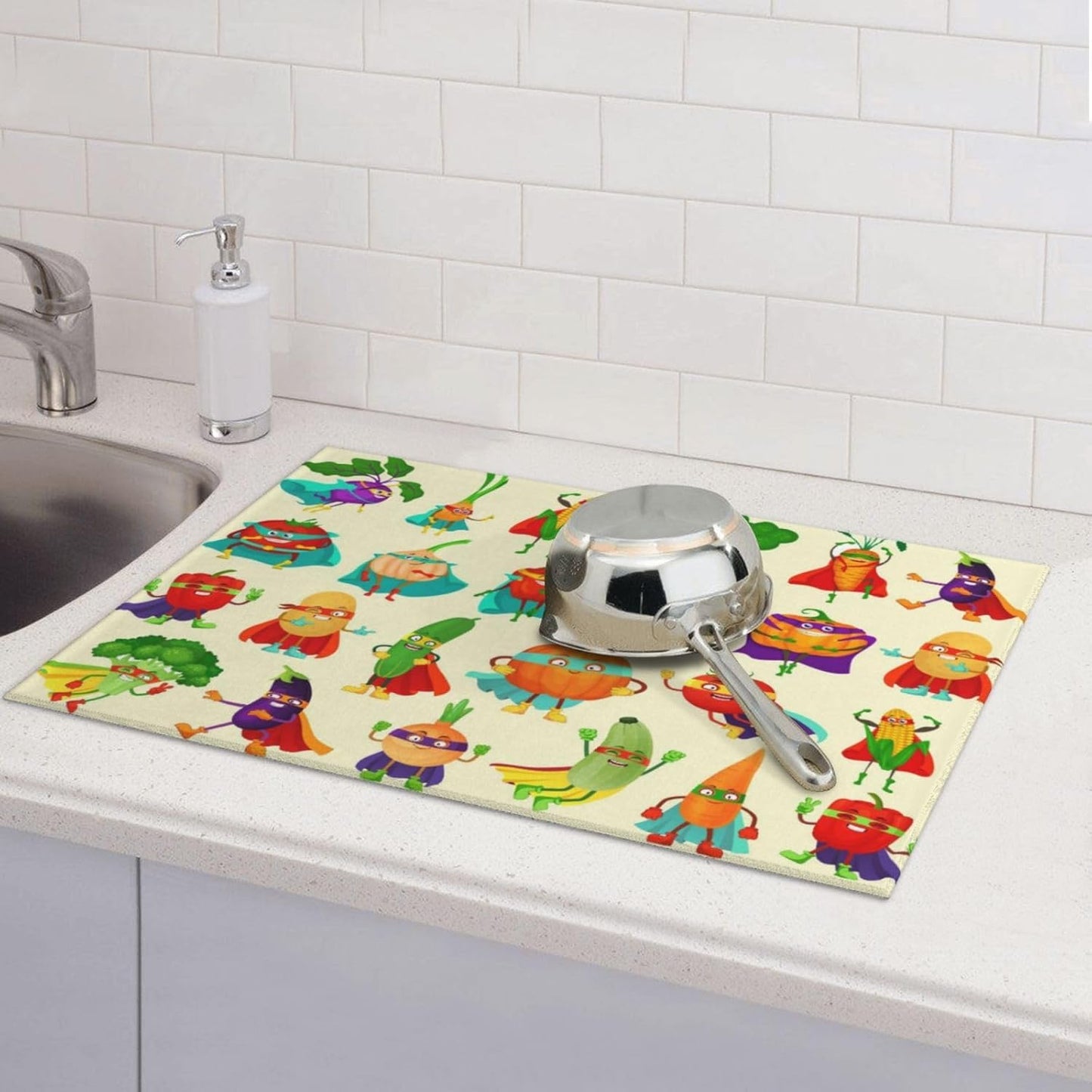 Colorful Cartoon Vegetable Dish Drying Mats, 18 x 24 inch Absorbent Microfiber Decorative Kitchen Counter Mats, Polyester, Washable, Absorption, Foldable, for Sink, Dishes Utensils, Small Appliances