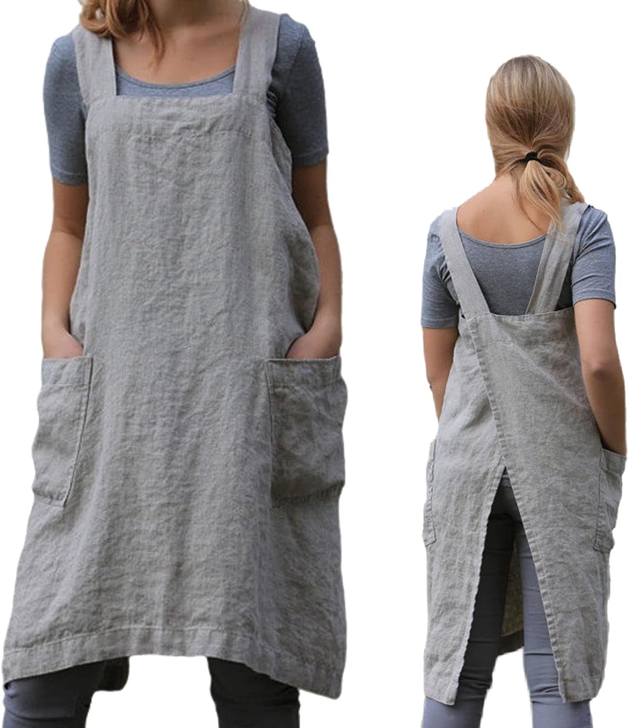 ZQFFB Pinafore Cross Back Apron for Women with Pockets Japanese Smock for Work Gardening Cooking Painting Baking