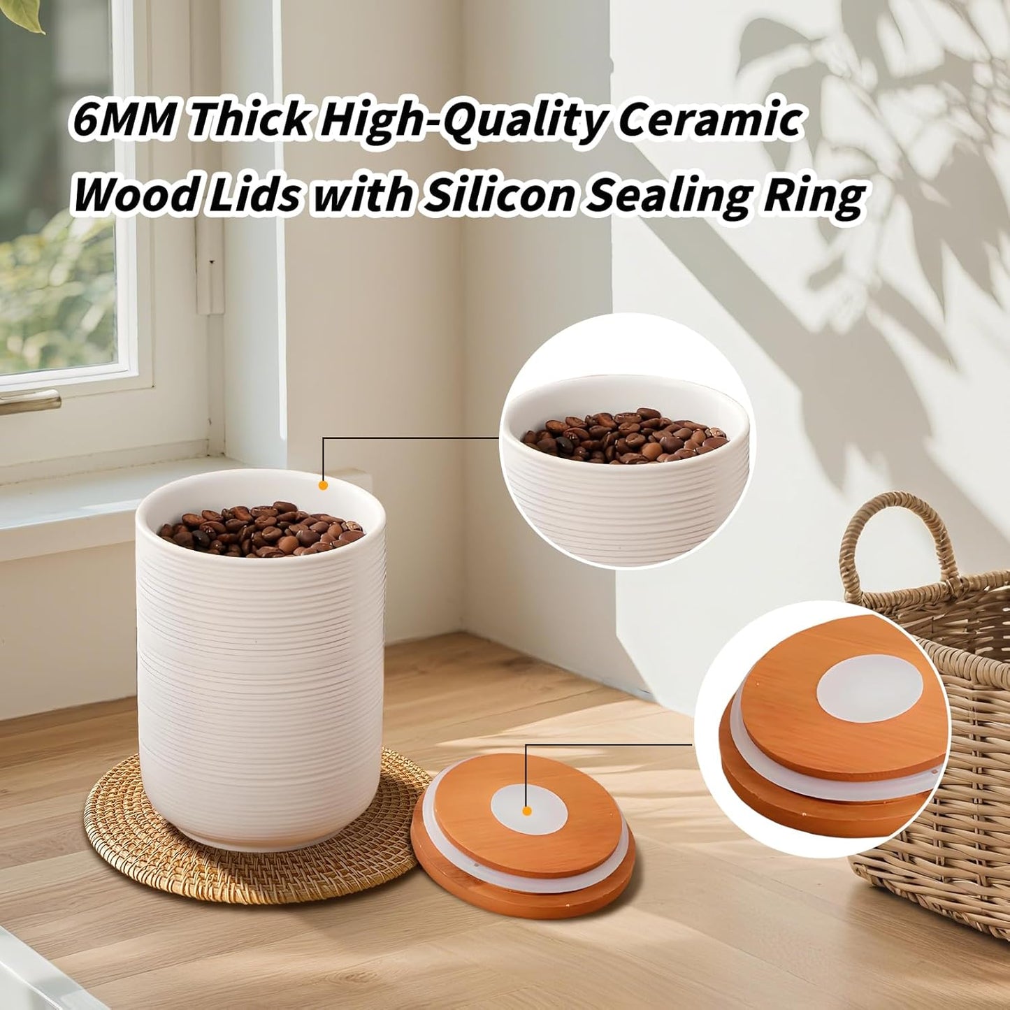Food Storage Jar Strong Ceramic Storage Canisters with Airtight Wooden Lid,Kitchen Storage Containers for Serving Coffee Beans, Tea, Sugar, Salt, Spices (White three-piece suit)
