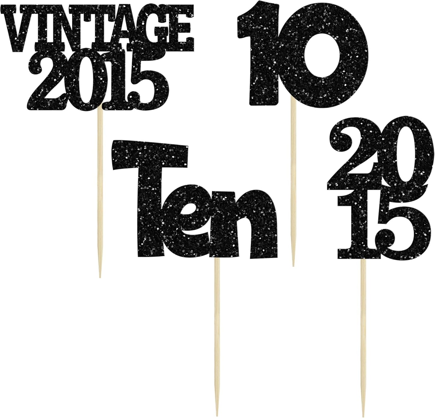 Gyufise 24Pcs 10th Birthday Cupcake Toppers Glitter Ten Vintage 2015 Double Digits 10 Cupcake Picks Hello 10 Years Birthday Cake Decorations for Happy 10th Anniversary Party Supplies Black