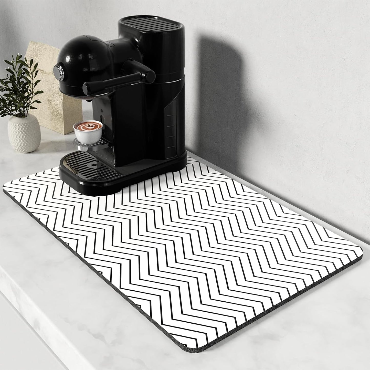 Rnivvi Coffee Mat, 12" x 19" Cute Coffee Bar Mats for Espresso Machine Station Accessories and Organizer, Hide Stain Rubber Backed Absorbent Dish Drying Pad for Kitchen Counter, White Strip