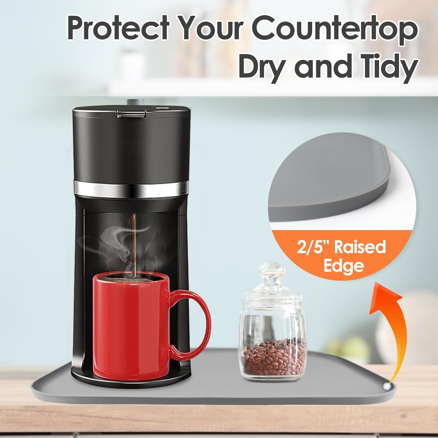 TOHONFOO Silicone Coffee Maker Mat with Lip, 17.4'' x 10.6'' Heavy Duty Coffee Maker Mat for Countertops, Coffee Tray Fit Under Coffee Machine Appliance Automatic Machines Espresso Accessory, Grey