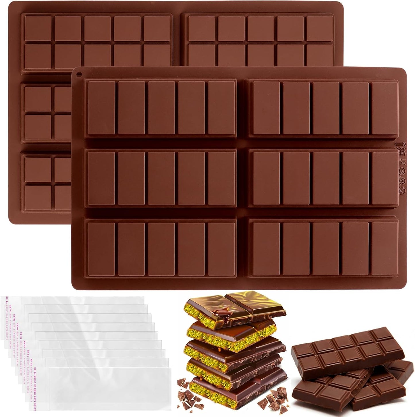 Mity Rain Chocolate Bar Mold Deep - Silicone Thick Mold for Stuffed Bars, Knafeh Pistachio Chocolate Break Apart Candy Molds With 200pcs Storage Bags (Square + Rectangle)