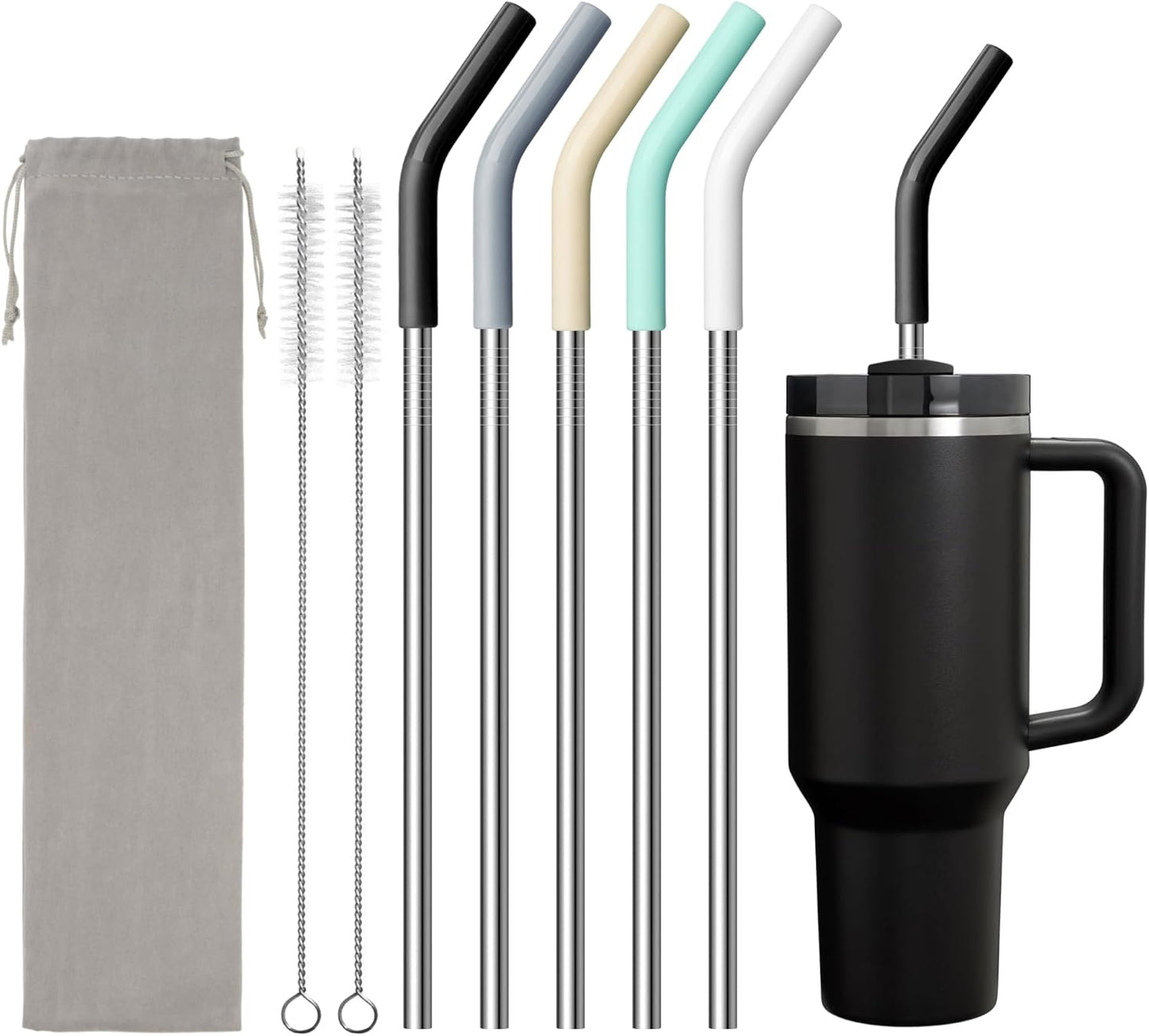 Metal Straw for 40 oz Stanley Cup, Reusable Stainless Steel Straws with Silicone Tip for Simple Modern, Meoky 40oz Tumbler, 12" Extra Long Straws, Cleaning Brush, 1 Portable Bag
