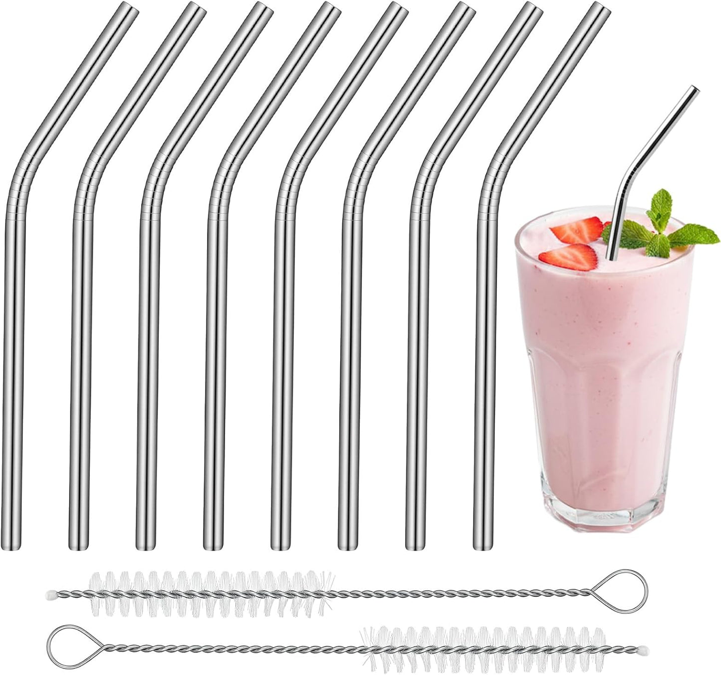 8 Pack 6 Inch Short Bent Metal Cocktails Straws, Stainless Steel Straws with 2 Cleaning Brush Portable Reusable Drinking Straw for Coffee Mugs Small Glasses Cups
