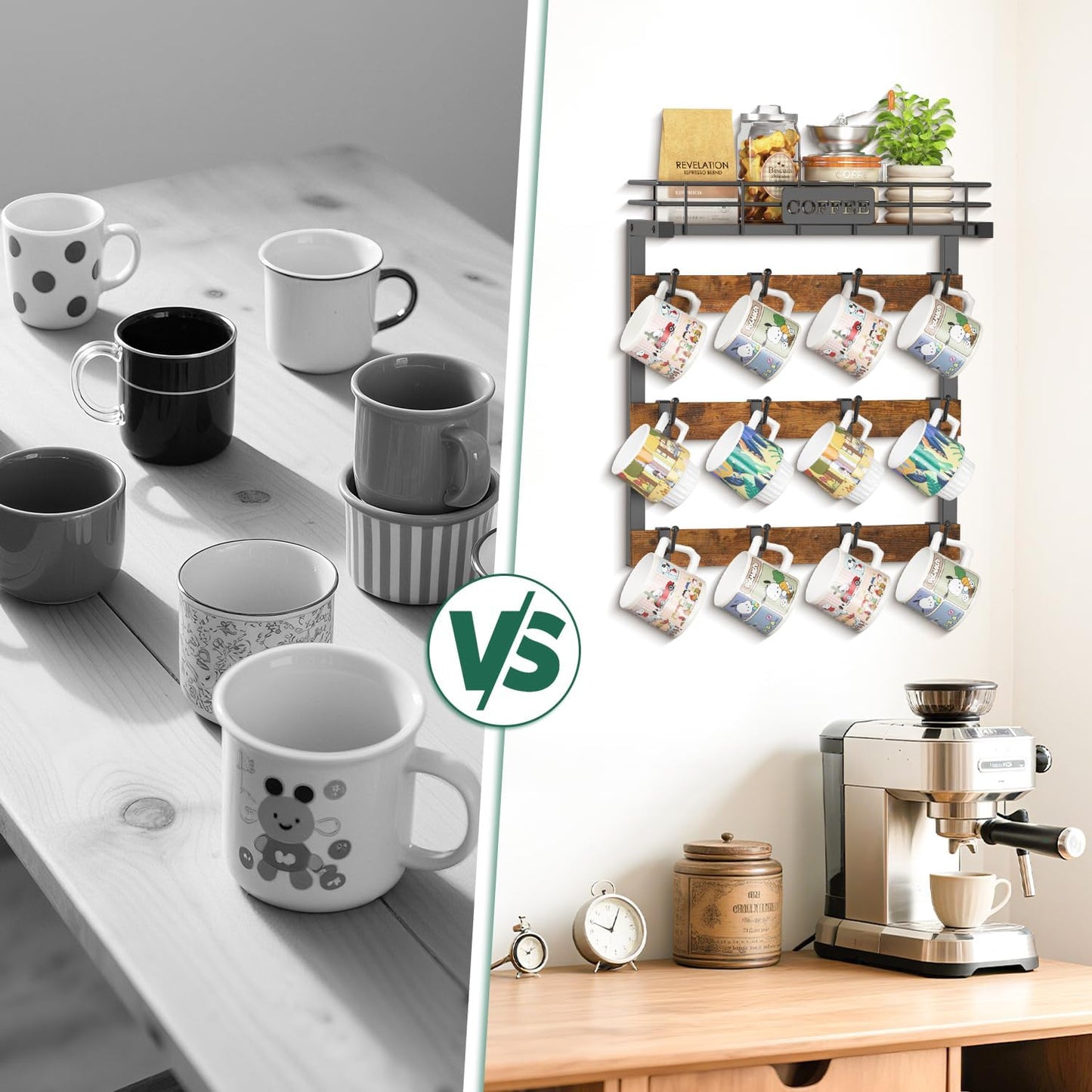 EsLuker.ly Coffee Mug Holder Wall Mounted Display Rack, Black Metal Cup Hanger Organizer with 12 Movable Plastic Hooks, Wood Rustic Shelf for Coffee Bar Home Kitchen, Thoughtful Wall Storage