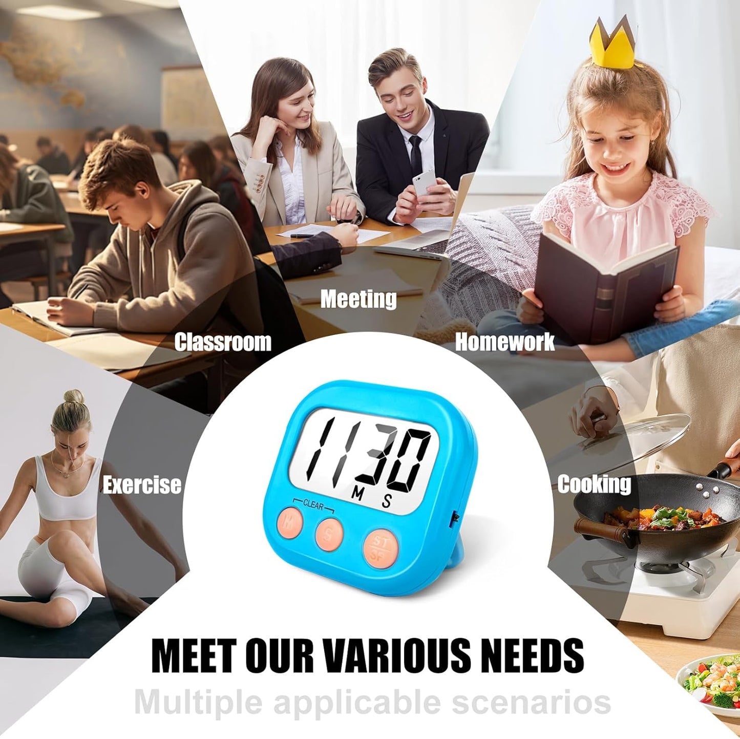 6 Pack Kitchen Timers Loud Ring Digital Timers for Cooking Magnetic Blue