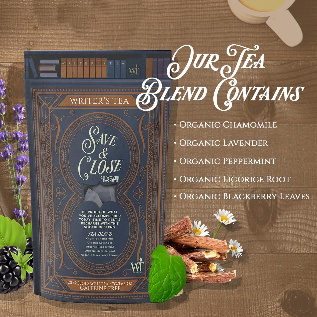 Writer's Tea Save & Close - Nighttime Tea - Chamomile, Lavender, Peppermint, Licorice Root, and Blackberry Leaves Tea Blend - Caffeine Free - 20 Woven Sachets