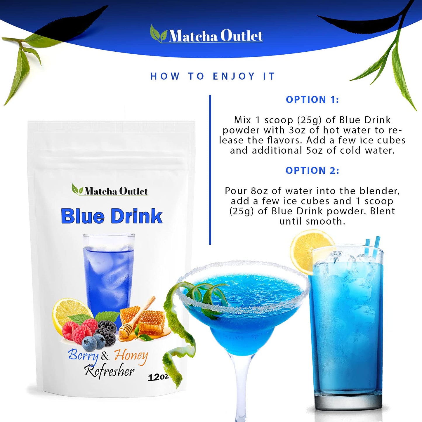 Blue Drink Spirulina Powder, Berry & Honey Refresher 12oz Blue Drink Mix Natural Food Colorant Perfect for Ice Mix Yogurts Baked Treats Loaded Tea Bubble Tea