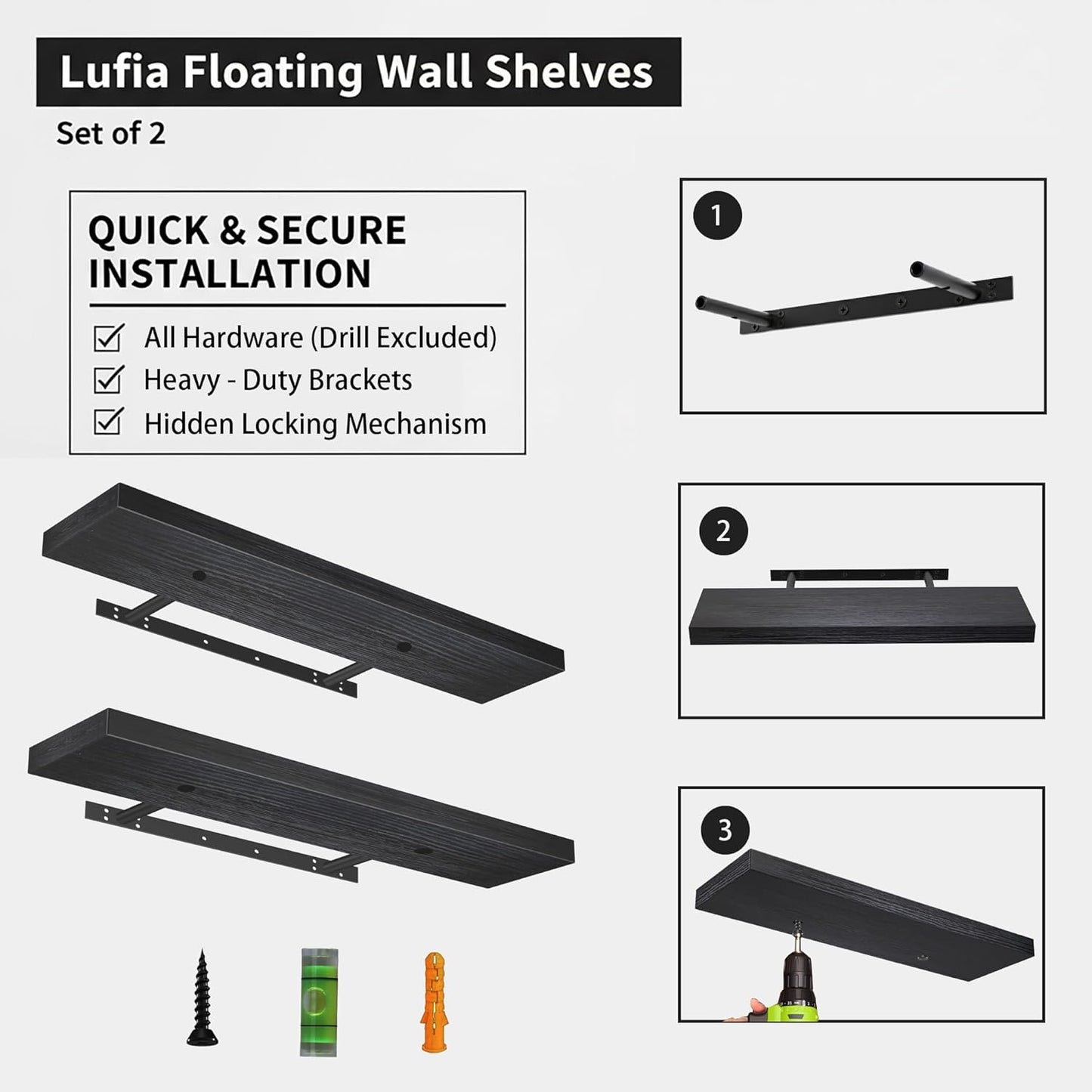 Lufia Floating Wall Shelves, Set of 2, MDF with Invisible Brackets, Modern Storage for Bedroom, Bathroom, Living Room, Kitchen (Black, 32" W x 7" D x 1.5" H)