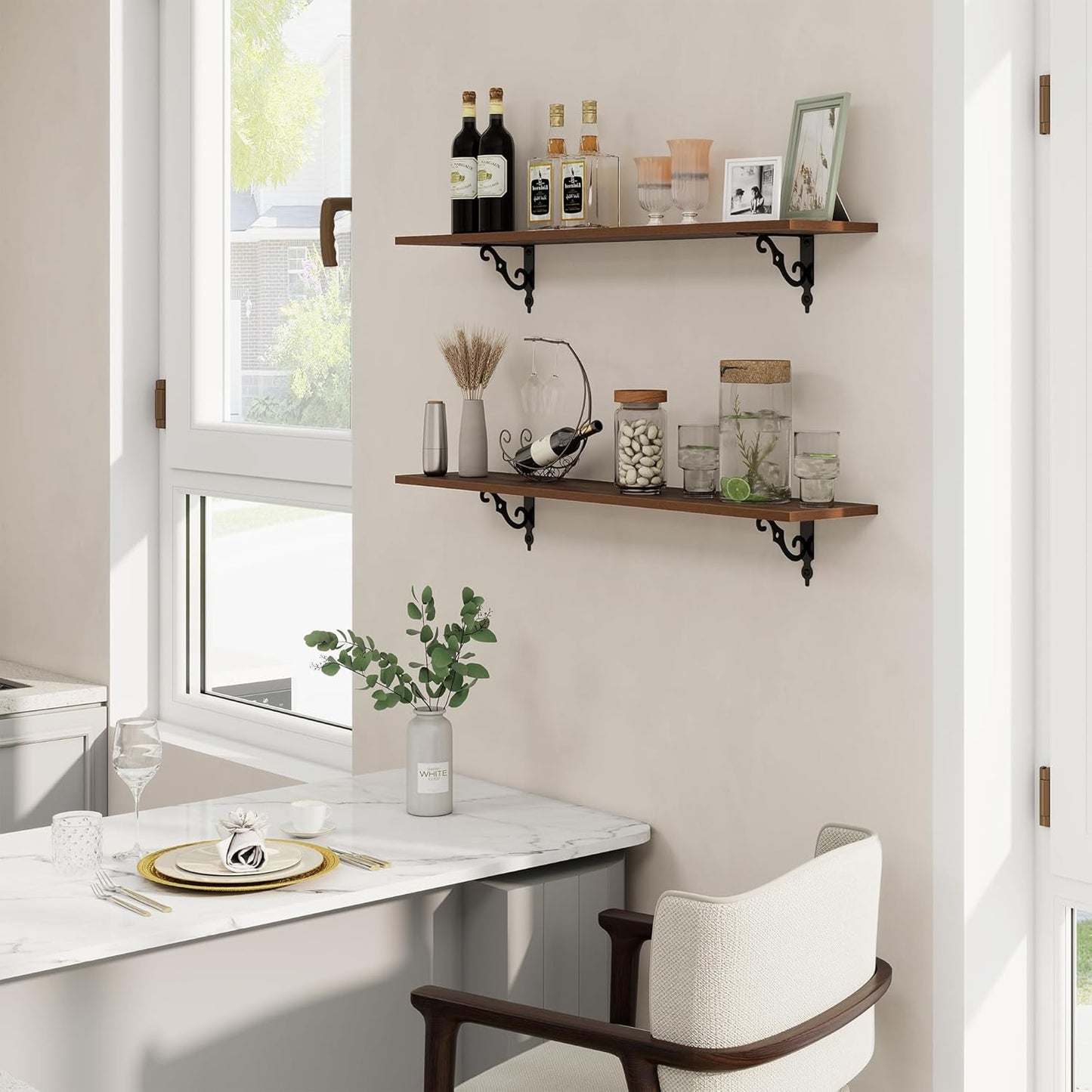 RICHFOCUS Floating Shelves for Wall Decor, 39.4W x 8D Wall Shelves Set of 2, 8 Inch Deep Rustic Wood Shelves Wall Mounted with Brackets, Long Floating Shelves for Living Room Bedroom Kitchen, Walnut