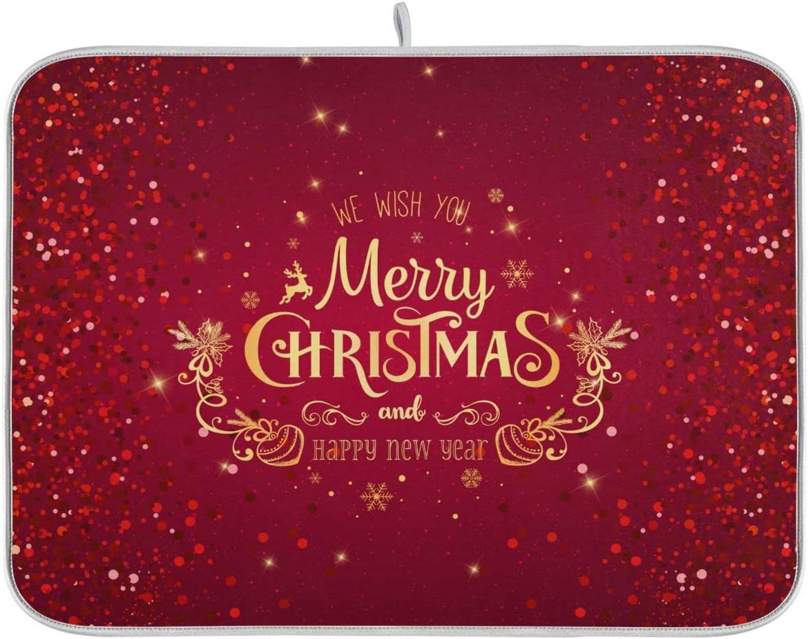 Merry Christmas Drying Mat for Kitchen Counter 16x18 Inch Christmas Dish Mat with Absorbent Reversible Microfiber Christmas Dish Drying Mat Dish Drainer Rack Pad Drainer Mat for Coffee Bar