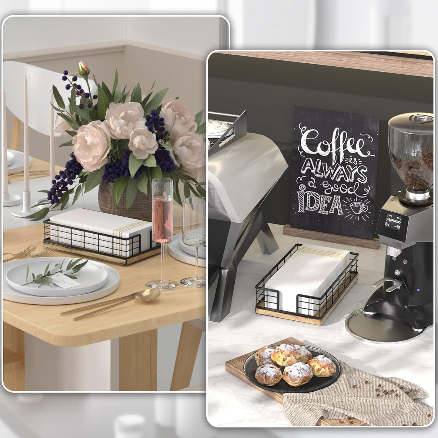 Wican Guest Towel Holder Tray for Bathroom, Oak and Iron Napkins Holder for Powder Room Dinning Table Wooden Basket for Disposable Paper Hand Towels Black and Farmhouse Brown