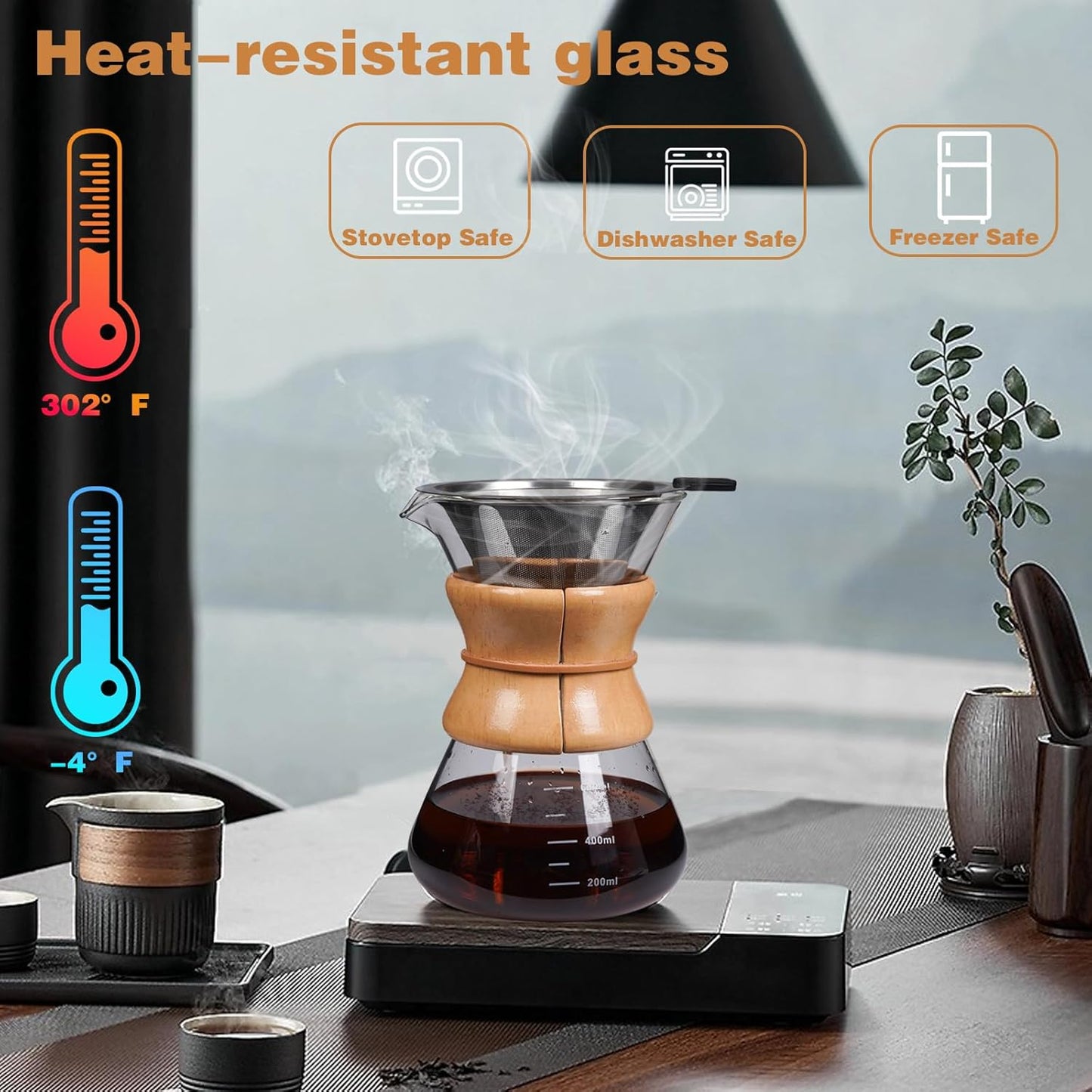 Pour Over Coffee Maker with Reusable Stainless Steel Drip Filter, Lead-Free Borosilicate Glass Coffee Carafe with Modern Wooden Collar for 1-6Cup, Circular Clear (800ml/27oz)