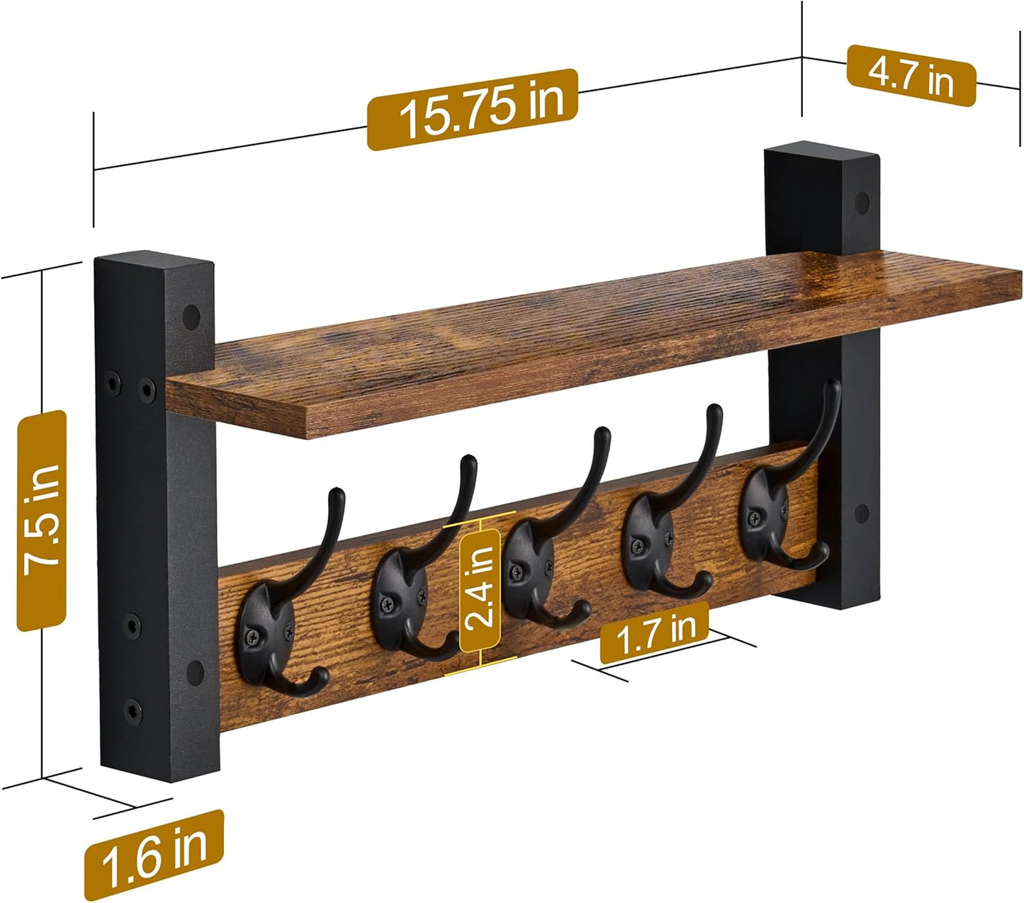 Sorbus Coat Hooks Wall Mount with Shelf – 16 Inch Coat Rack Wall Mount with 5 Heavy Duty Hooks – Floating Wall Shelf with Hooks for Entryway, Bathroom, Bedroom, Kitchen, or Mudroom (Rustic Brown)
