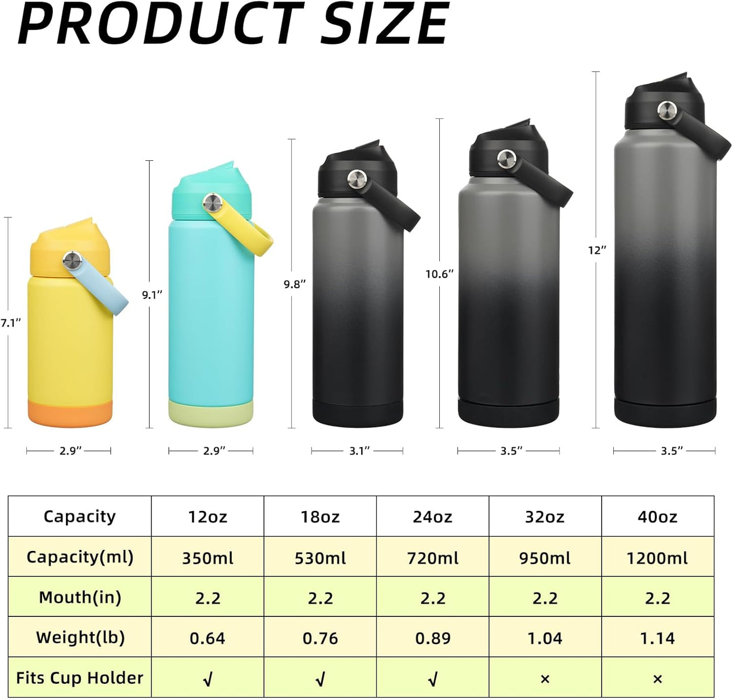 BJPKPK Water Bottle with Straw Lid, 24oz Vacuum Insulated Water Bottles, Metal Stainless Steel Thermos for Sports, Travel, BPA Free Leak Proof Thermos, Cups, Flasks, Tumblers,Black Grey