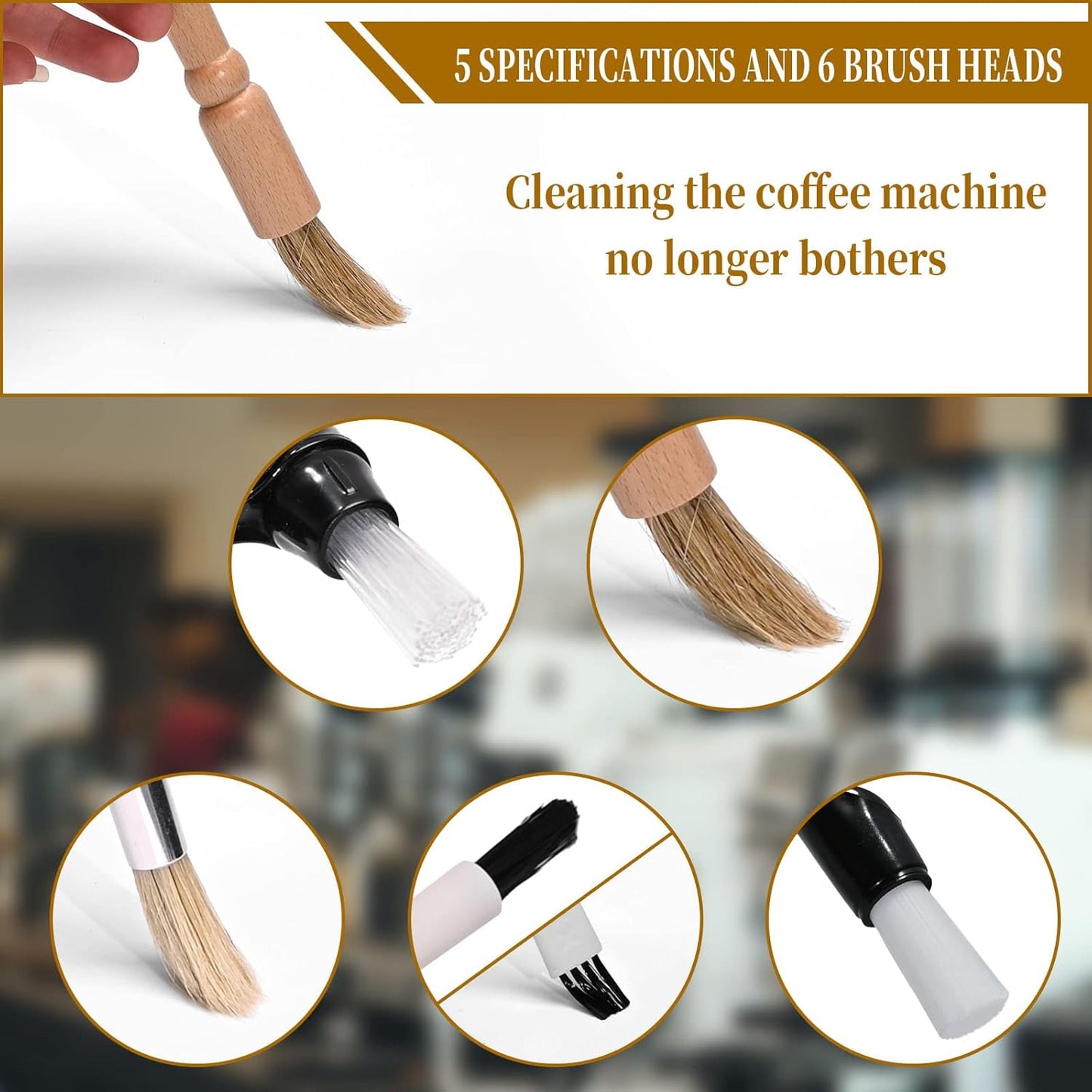 9PCS Coffee Machine Cleaning Brush Grinder Wooden Cleaning Brush Coffee Machine Head Brush Coffee Brush, Black Handle Coffee Machine Brush, Two in one Coffee Machine Brush with Spoon