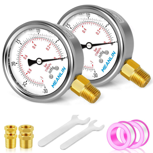 MEANLIN MEASURE -30inHG~0Psi Stainless Steel 1/4" NPT 2.5" FACE DIAL Vacuum Pressure Gauge, Lower Mount (Pack of 2), with 1/2" NPT and 3/8" NPT Hex Bushing