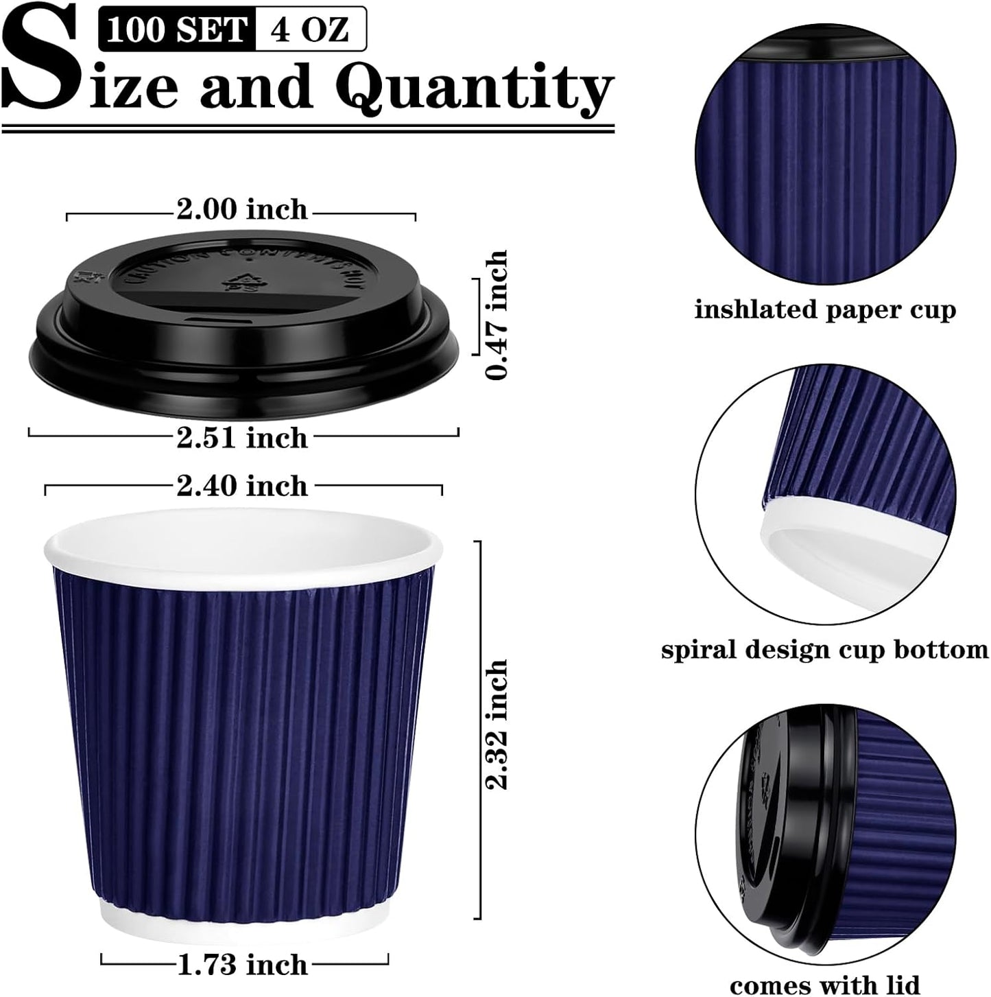 100 4oz Disposable Espresso Cups with Lids Ripple Corrugated Paper Disposable Coffee Cups Cups for Hot Chocolate, Tea, and Cocoa Drinks (Blue)