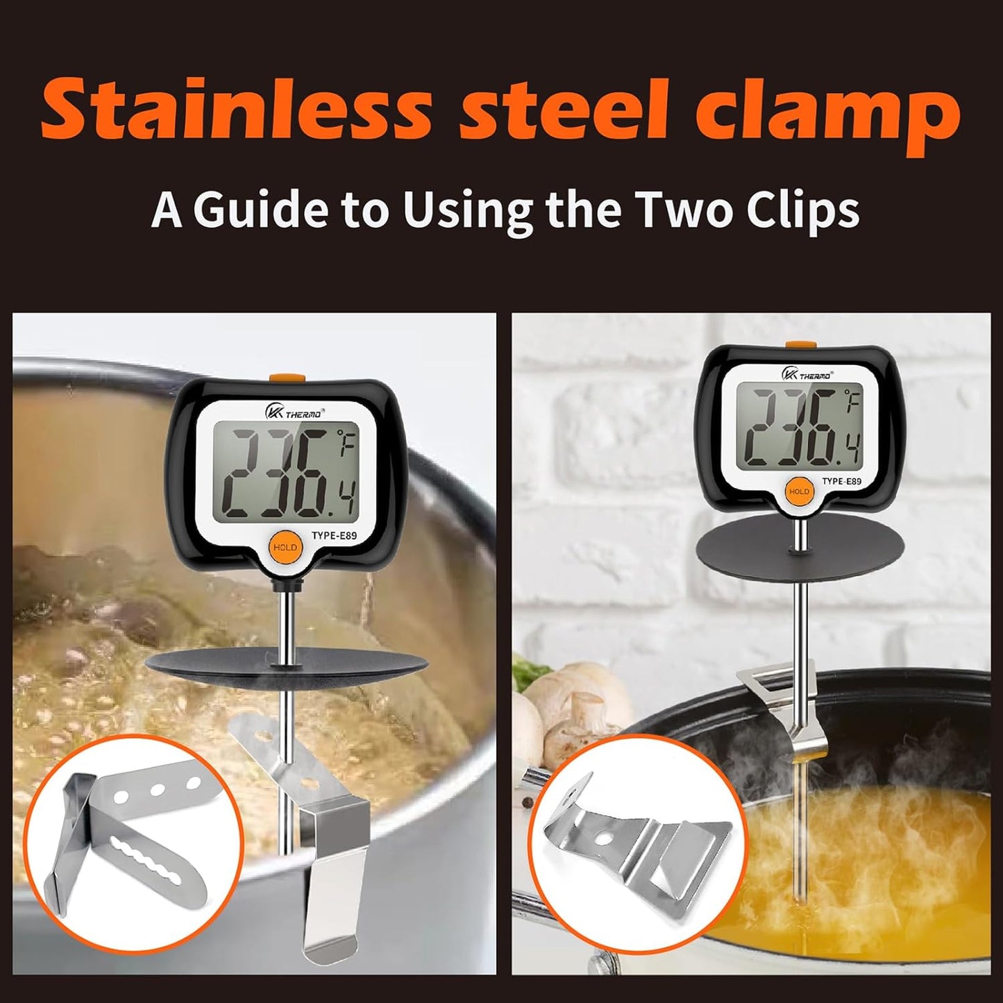 Digital Candy Thermometer with Adjustable Display, 304 Stainless Steel Probe, -58°F~572°F, Black Body, Includes 2 Pot Clips & Heat-Insulating Pad for Sugar Syrup, Jam, Chocolate, Frying Oil