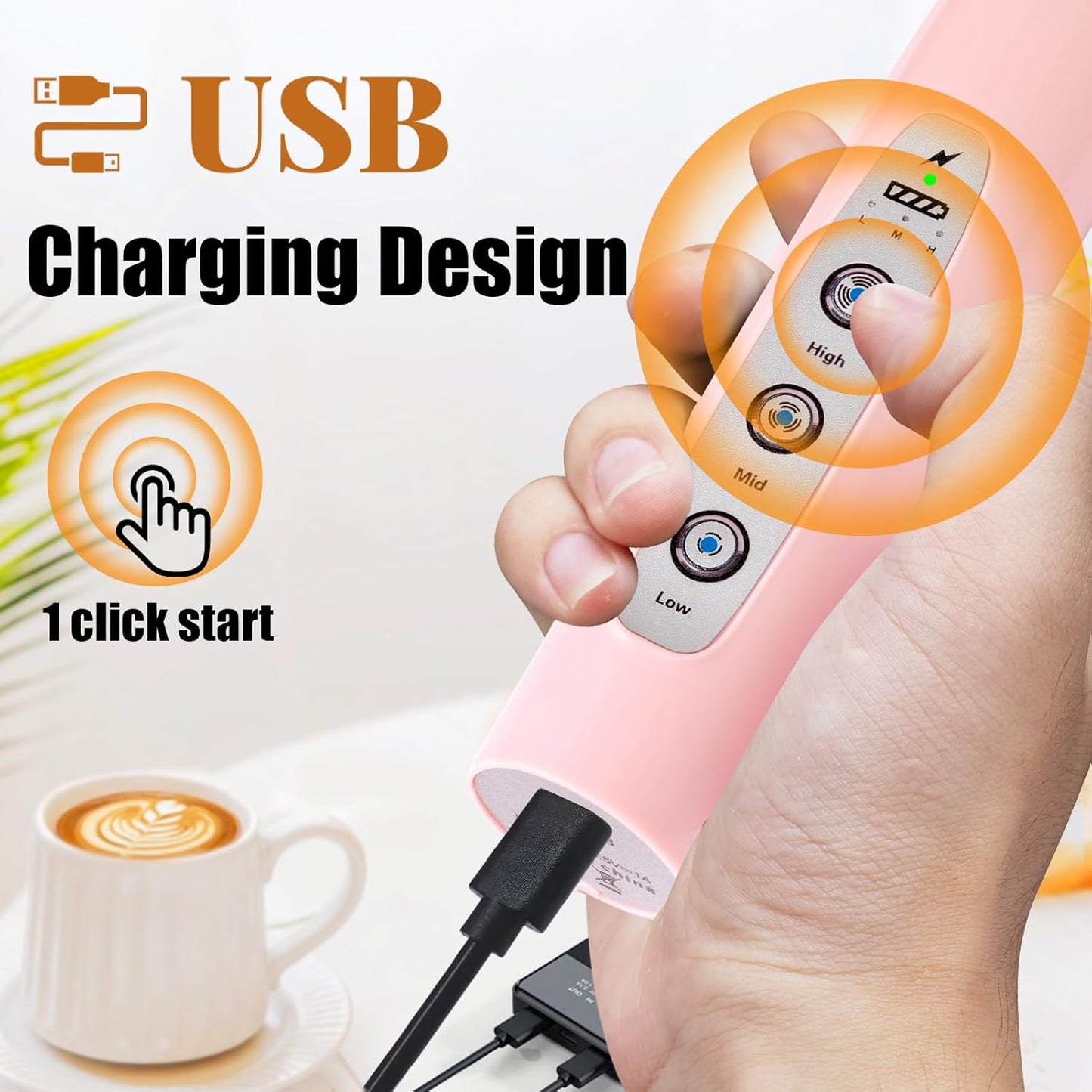 Nahida Pink Milk Frother Wand for Coffee, Frother Handheld Rechargeable Electric Whisk with 3 Heads 3 Speeds Drink Mixer Coffee Frother Foam Maker For Latte, Cappuccino, Hot Chocolate, Egg