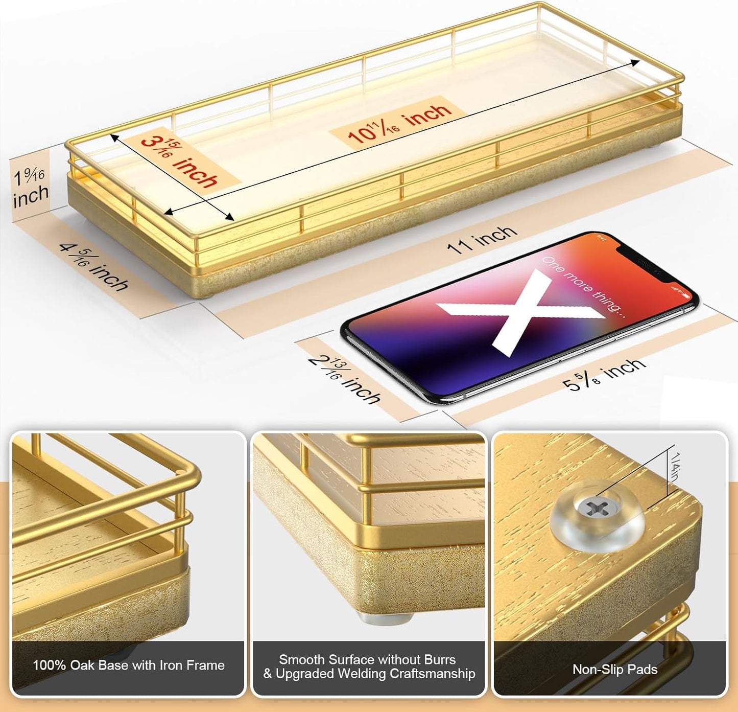 Bathroom Tray for Counter, Oak Wooden 11.2" L Decorative Vanity Tray for Dresser Tops, Kitchen Countertop Organizer, Gold Brushing