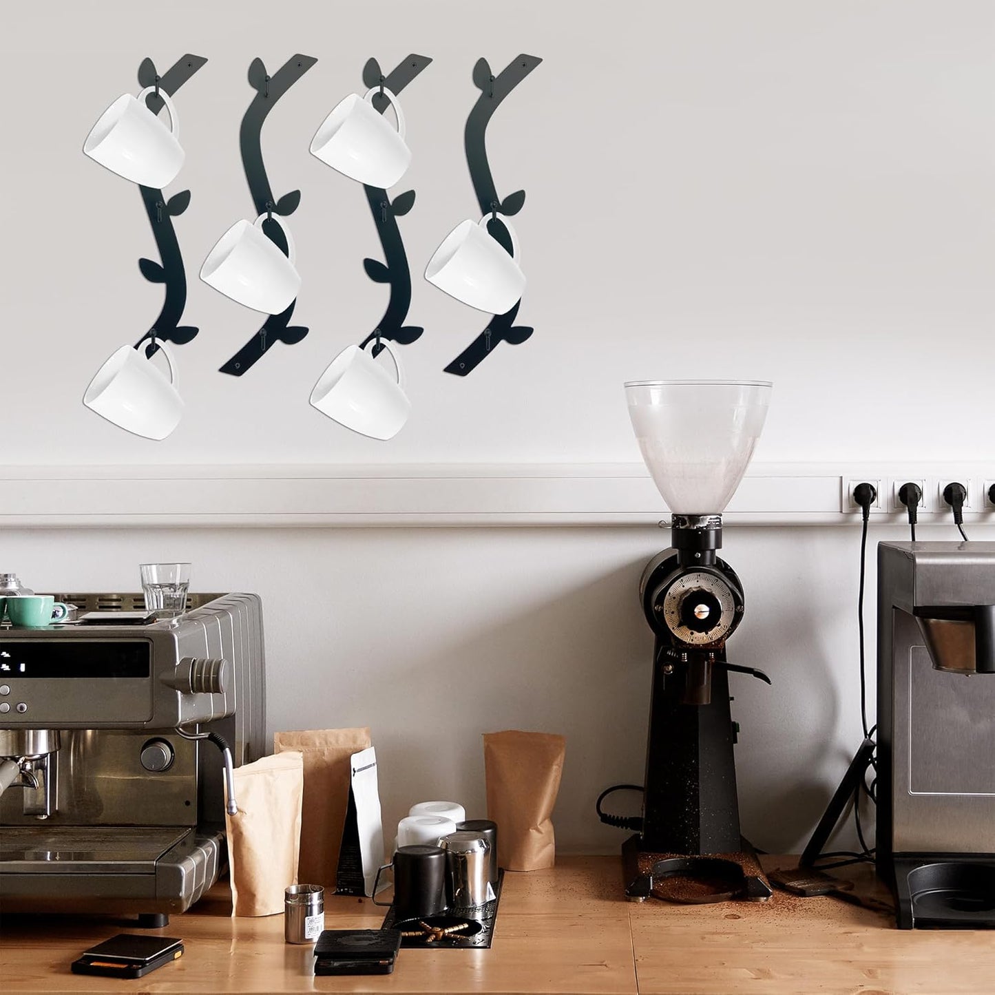 Ecqizer Coffee Mug Wall Rack - Metal Cup Holder Tree for Bar Decor - 4pcs Black Mounted Rack