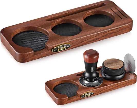 Bincoo 51/53mm Espresso Tamping Station - Sapele Coffee Bar Organizer with Non-Slip Mat, Multi-Slot Design for Counter, Holds Tamper,Distributor, Basket Holder