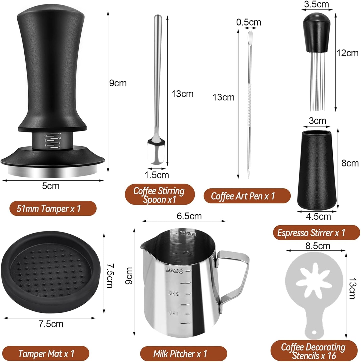 22Pcs Espresso Accessories, 51mm Espresso Tamper Kit, Espresso Machine Accessories Set with Coffee Tamper, WDT Tool, Tamper Mat, Coffee Stirrer, Frothing Pitcher, Latte Art Pen, 16 Coffee Stencils