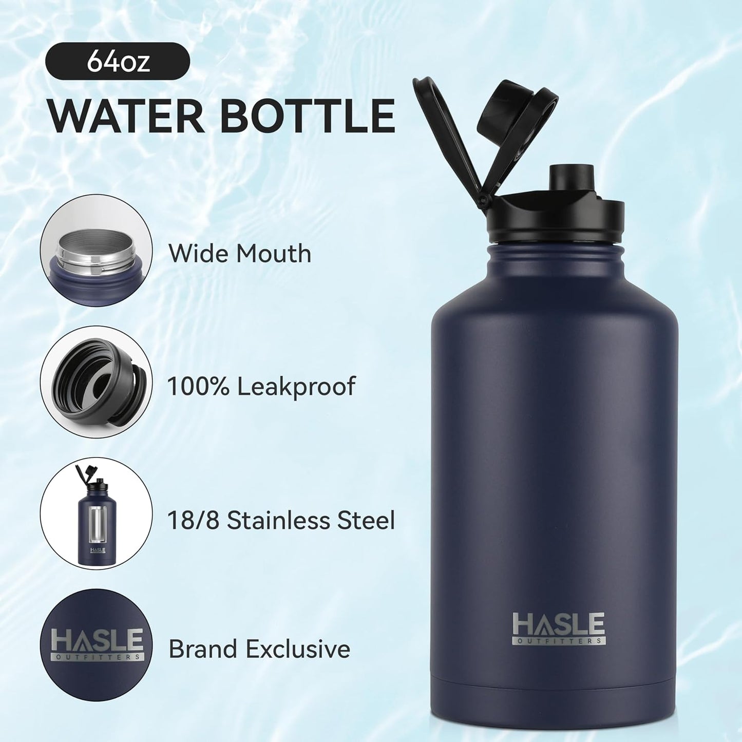 HASLE OUTFITTERS Half Gallon Insulated Water Bottles 64 oz, Stainless Steel Metal Water Jug with 2 Lids Keep Cold 48h/Hot 24h, Leak Proof & BPA-Free Water Flask Jug(Navy,1)