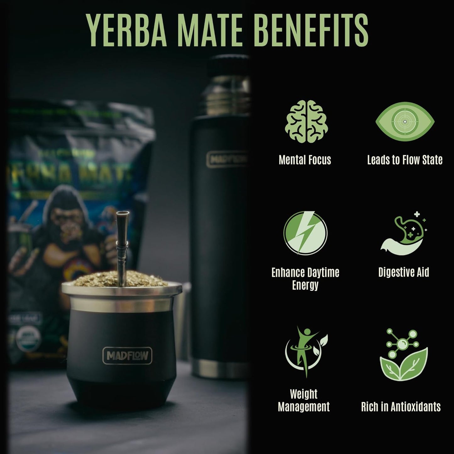 MADFLOW Unsmoked Organic Yerba Mate Loose Leaf 1.1 Lb. Mate Tea For Natural Energy, Focus and Flow. Resealable Packaging. For Brewing With Yerba Mate Cup or French Press.
