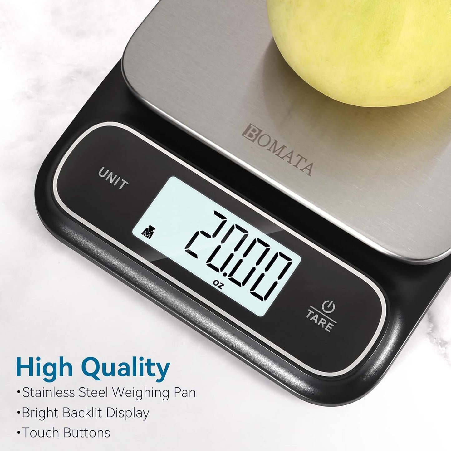 BOMATA Waterproof IPX6 Kitchen Scale, 0.1 g/0.01 oz High Precision, 5 kg/11 lbs, Digital Scale with Backlight, Stainless Steel Weighing Platform, for Food, Cooking, Baking, Weight Loss.. B619, Black