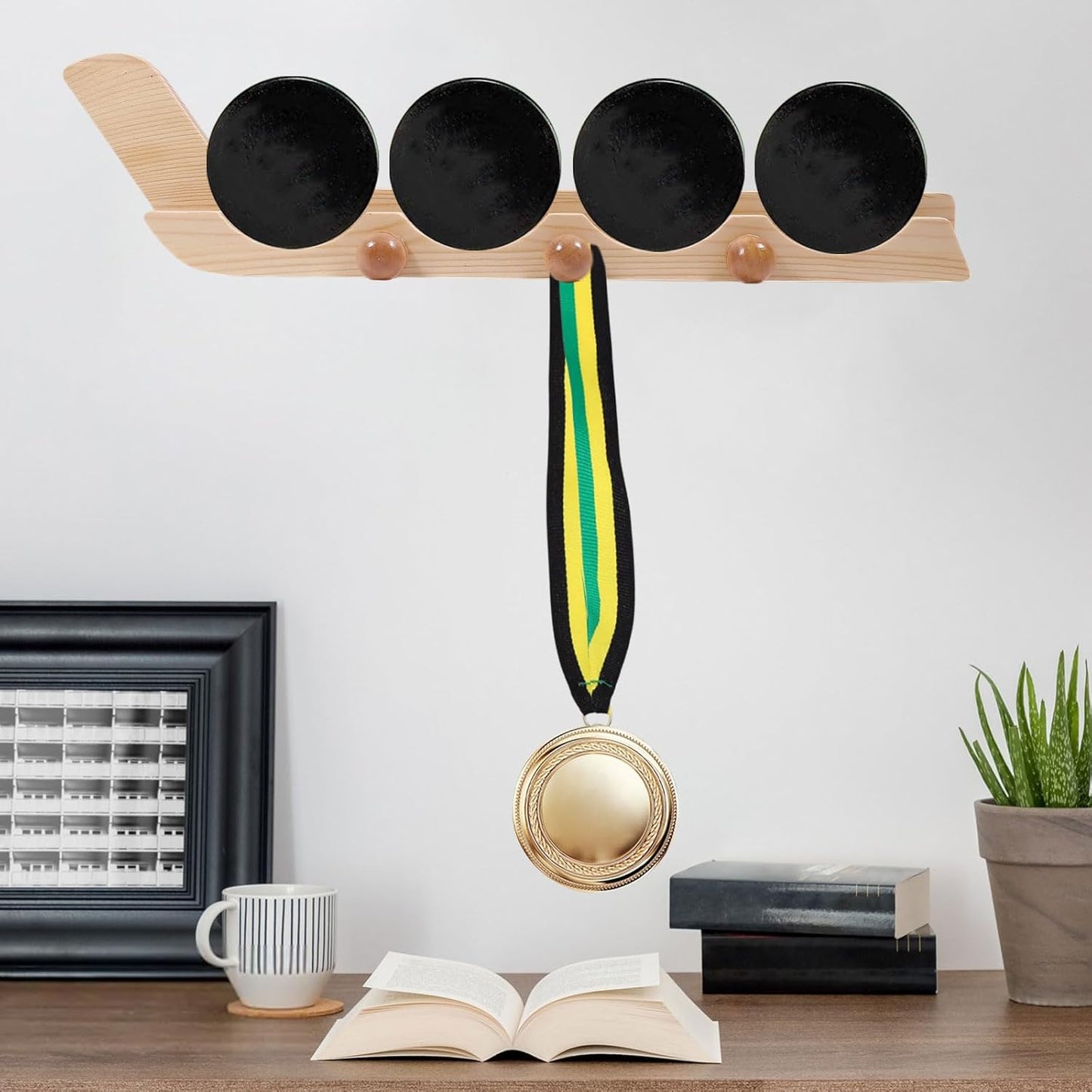 GLOBLELAND 2 Pack Wooden Hockey Puck Display Cases Wooden Wall Mount Holder with Screws Hook Hockey Display Holder for Players Team Gifts Living Room Storage Decoration Accessories